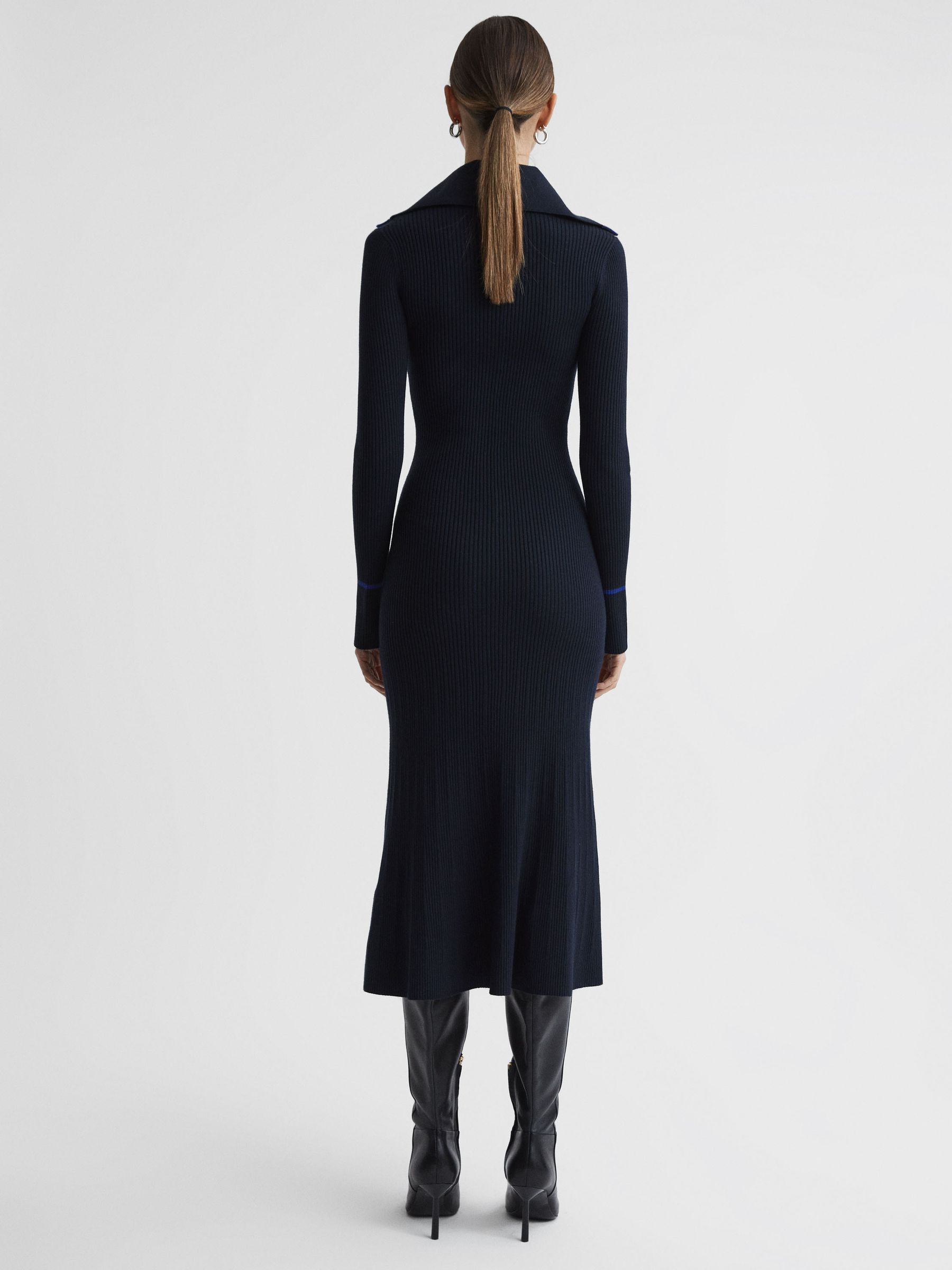 Petite Knitted Ribbed Midi Dress in Navy/Blue - Image 5 of 6