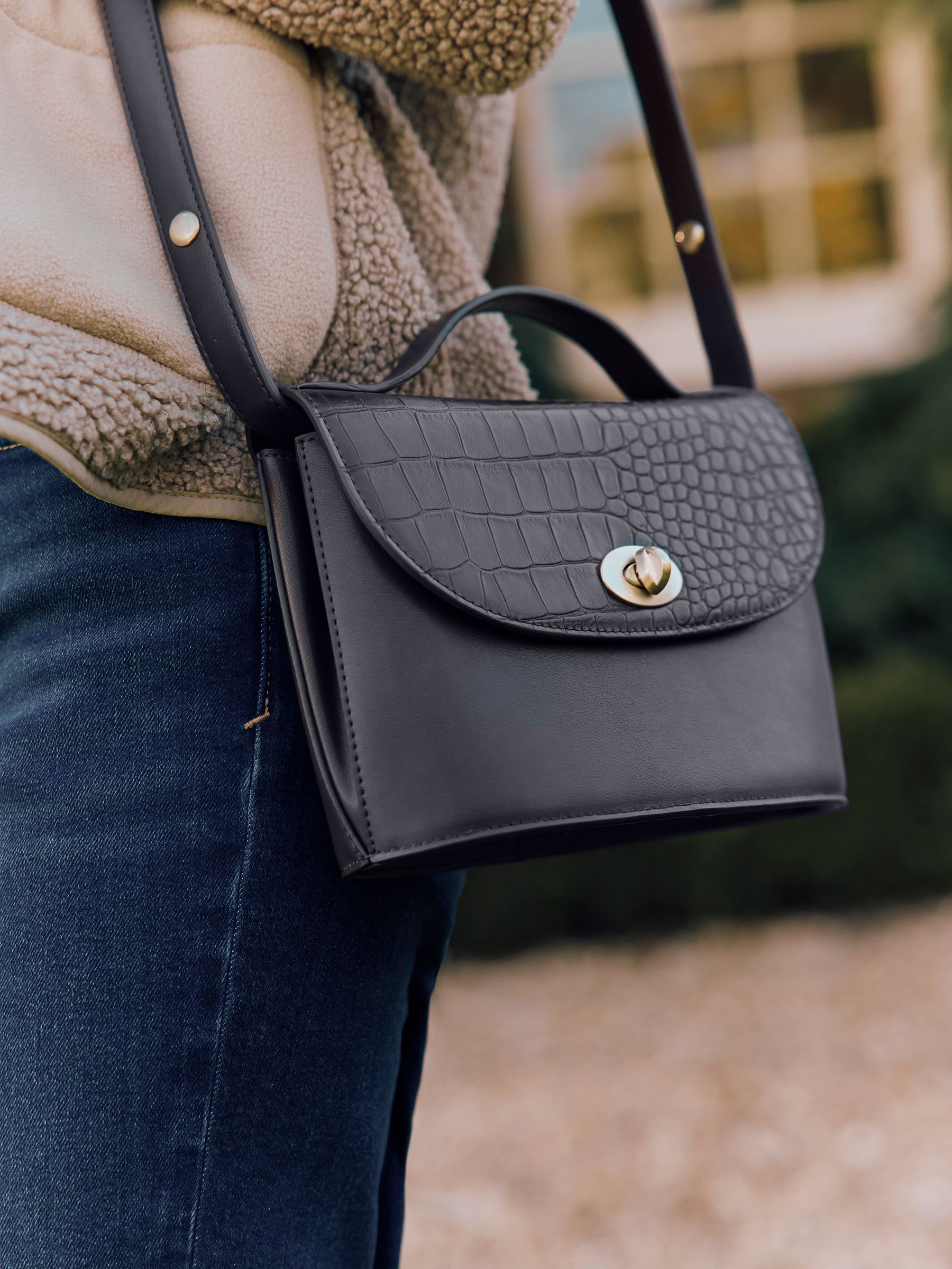 Claire Navy Faux Leather Croc Effect Cross Body Bag - Image 1 of 9