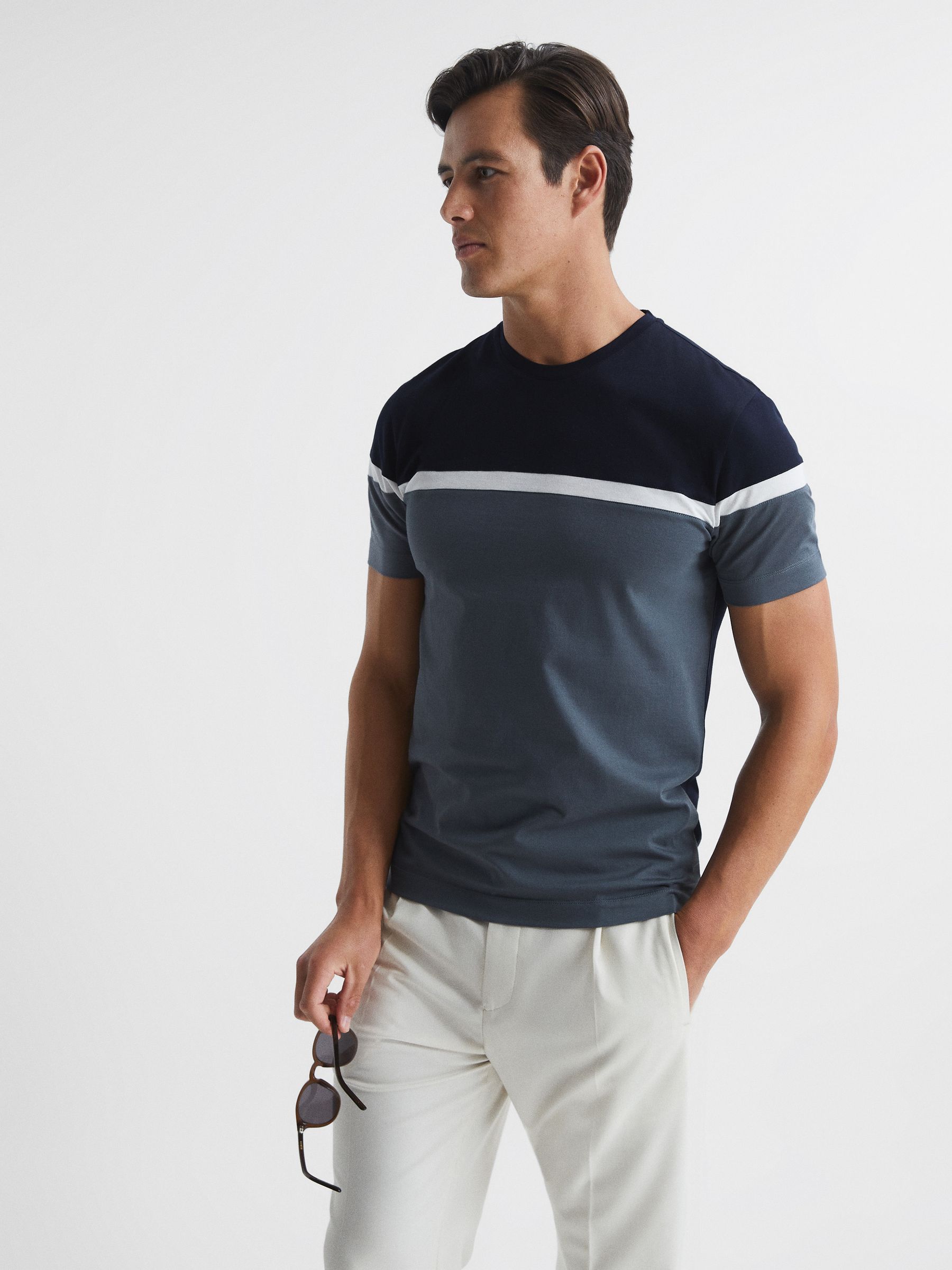 Mercerised Cotton Colourblock T-Shirt in Airforce Blue/Navy - Image 1 of 5
