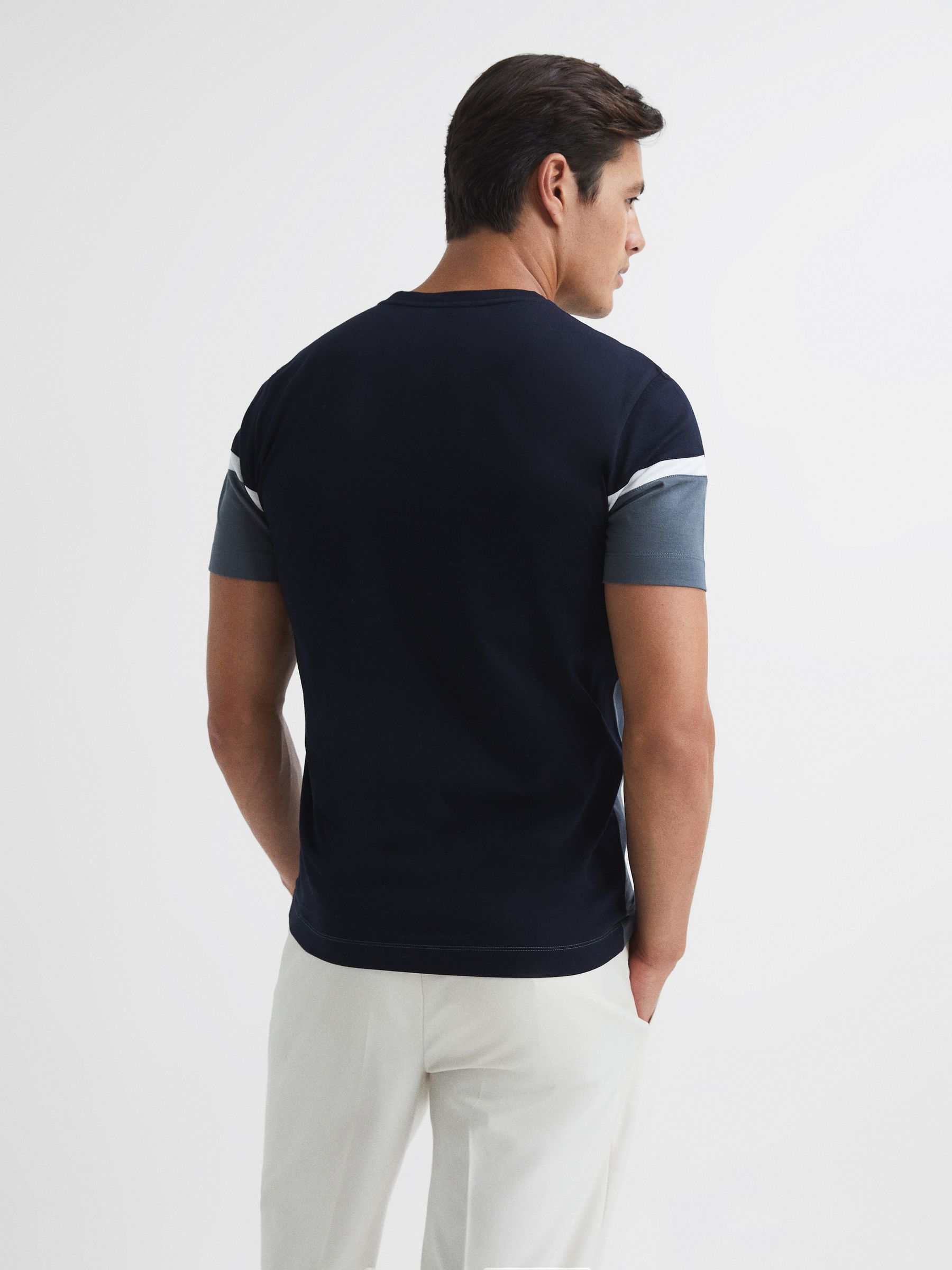 Mercerised Cotton Colourblock T-Shirt in Airforce Blue/Navy - Image 5 of 5