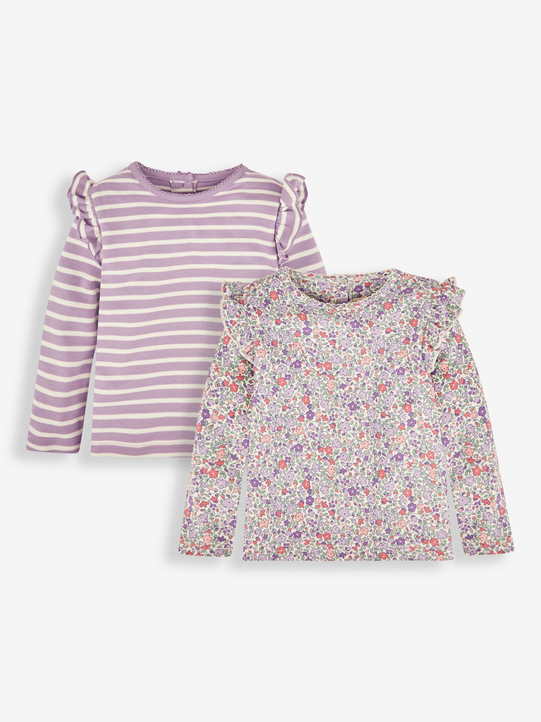 Lilac Purple Ditsy Floral 2-Pack Print & Stripe Frill Tops - Image 1 of 7