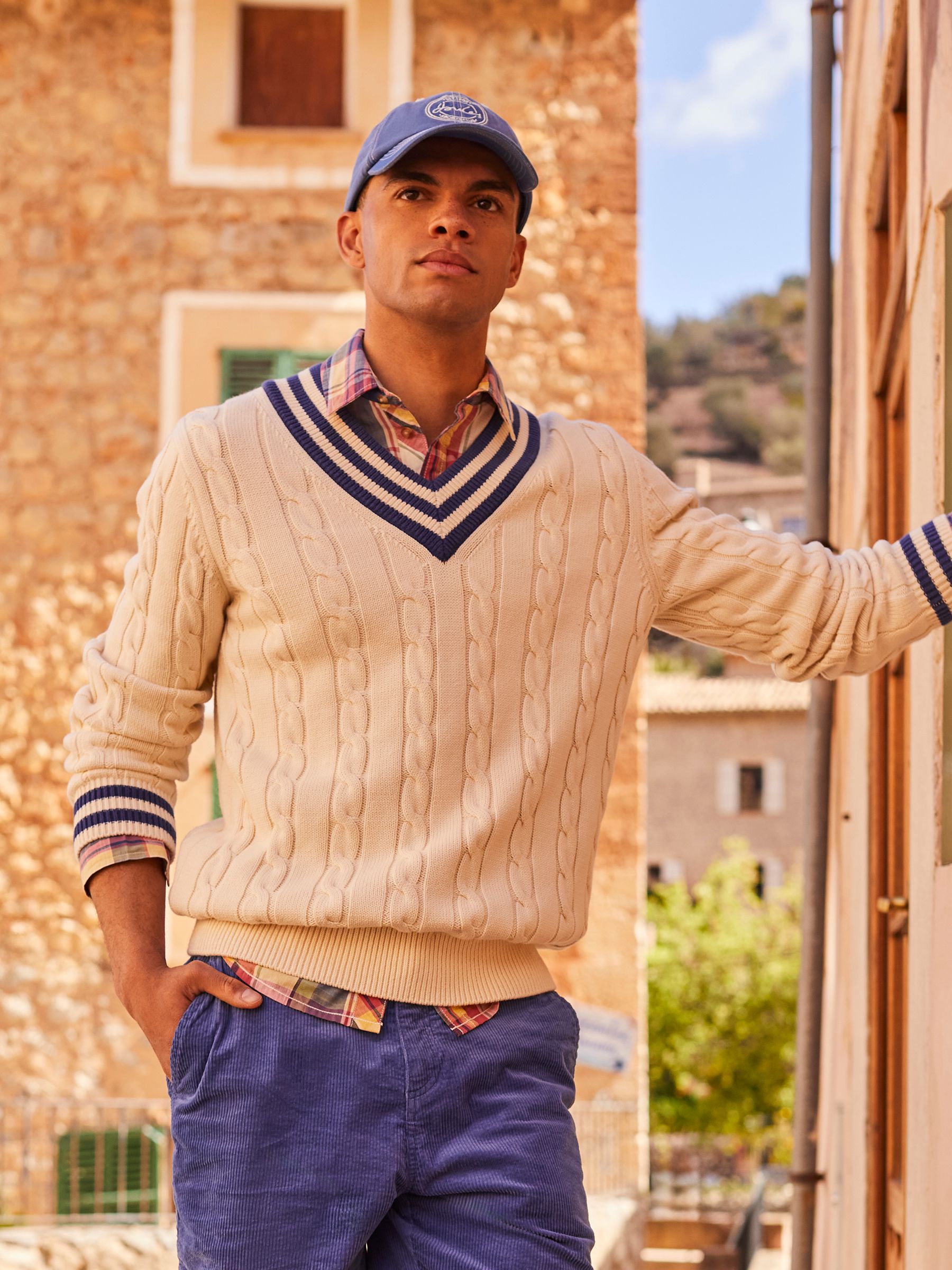 Dibbly Cream Cable Knit V Neck Cricket Jumper - Image 1 of 9