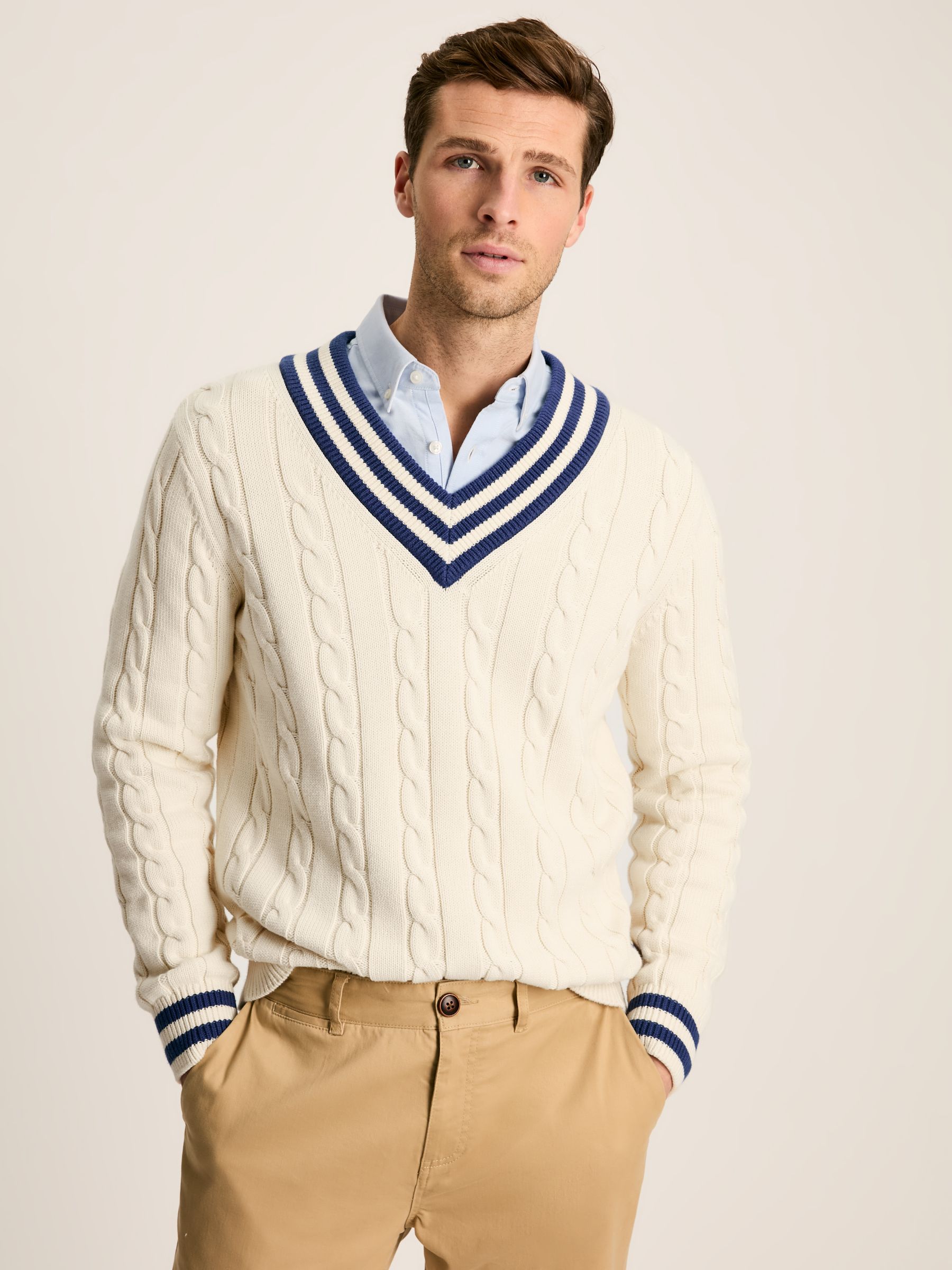 Dibbly Cream Cable Knit V Neck Cricket Jumper - Image 3 of 9