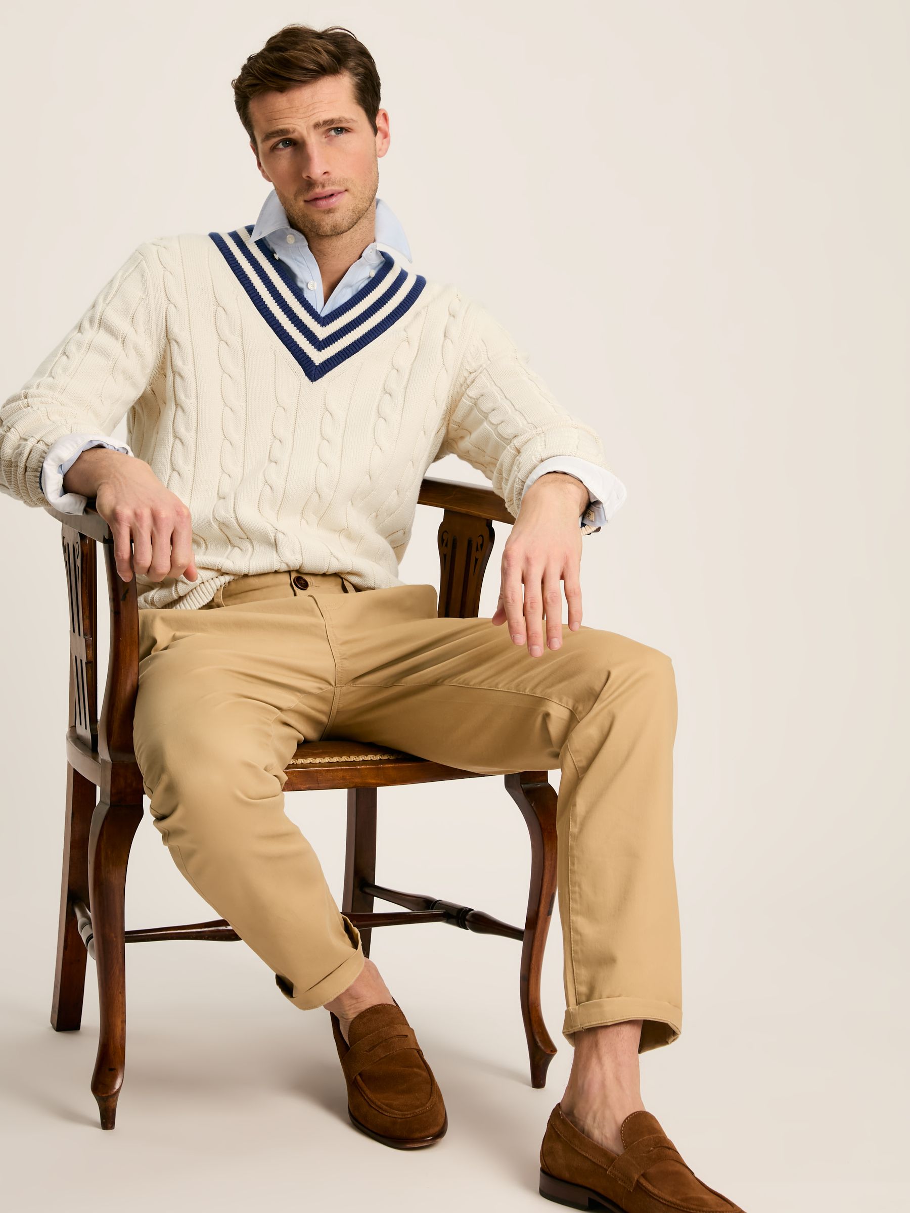 Dibbly Cream Cable Knit V Neck Cricket Jumper - Image 5 of 9