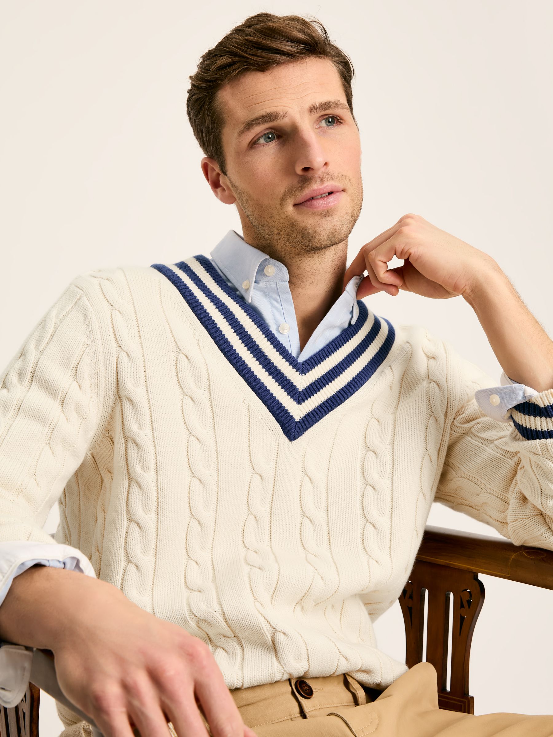 Dibbly Cream Cable Knit V Neck Cricket Jumper - Image 6 of 9
