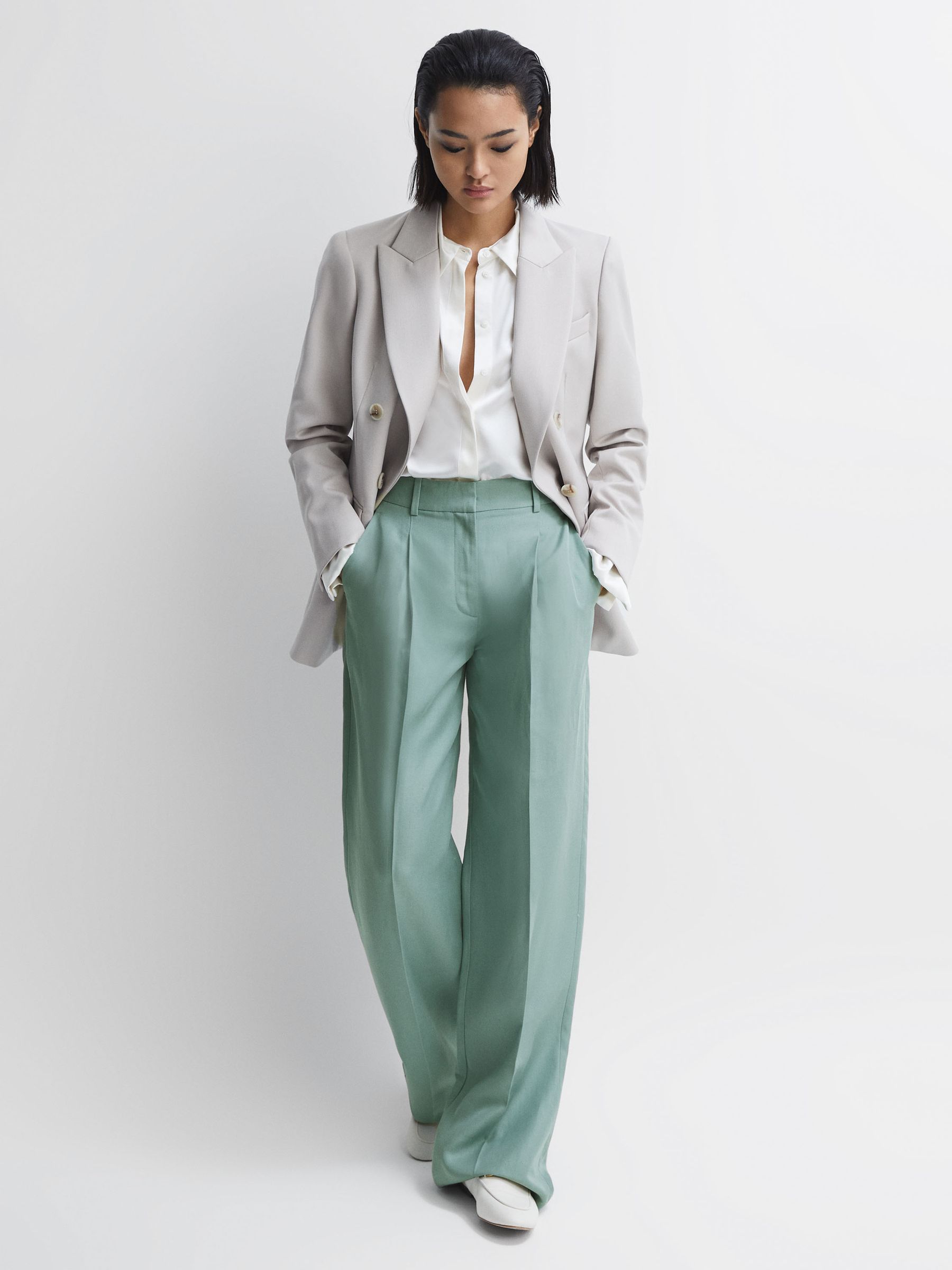 Linen Blend Wide Leg Trousers in Teal - Image 1 of 5