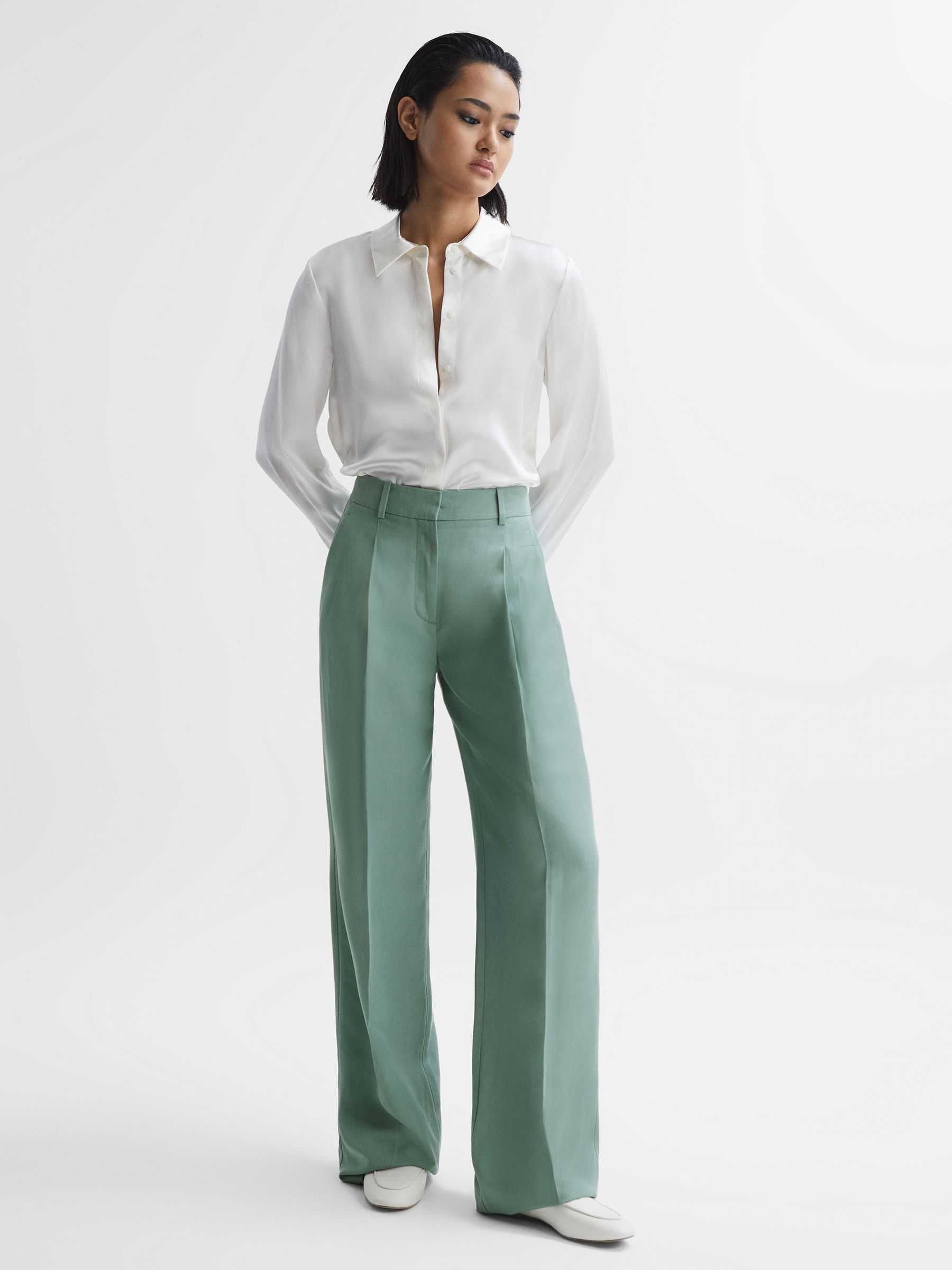 Linen Blend Wide Leg Trousers in Teal - Image 3 of 5