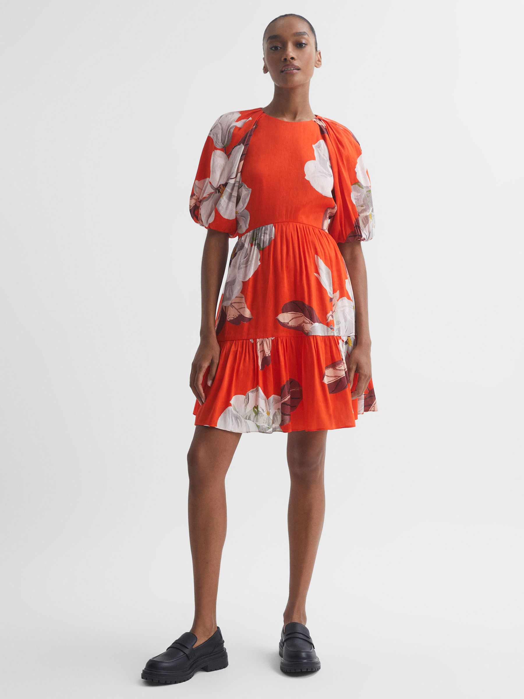 Florere Linen Silk Puff Sleeve Mini Dress in Orange - Image 1 of 6