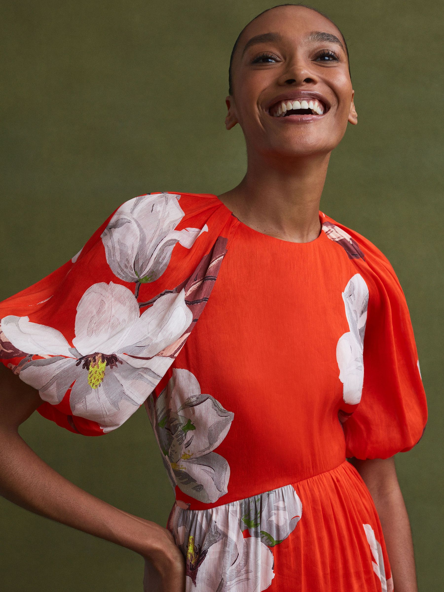 Florere Linen Silk Puff Sleeve Mini Dress in Orange - Image 2 of 6