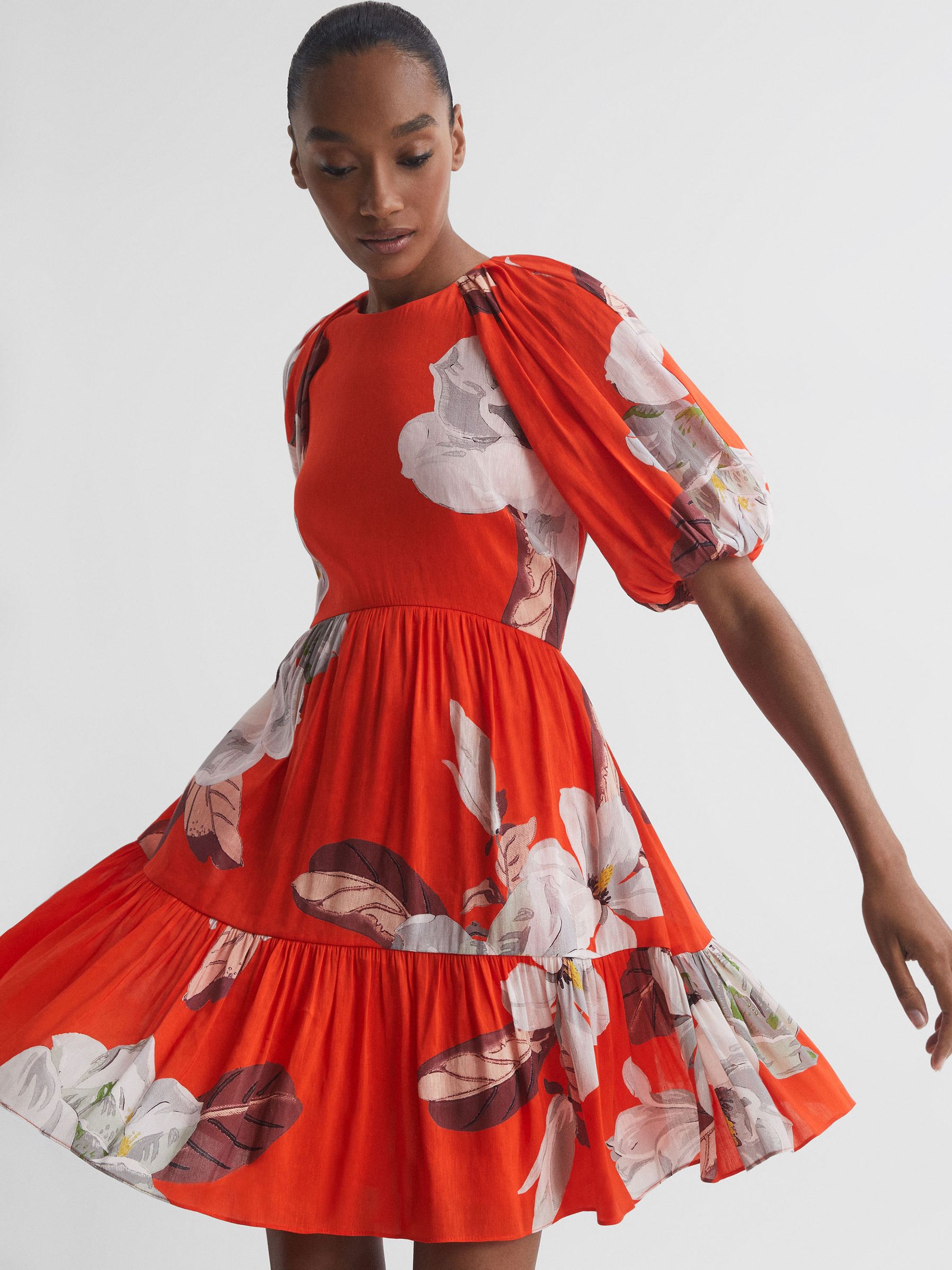 Florere Linen Silk Puff Sleeve Mini Dress in Orange - Image 3 of 6