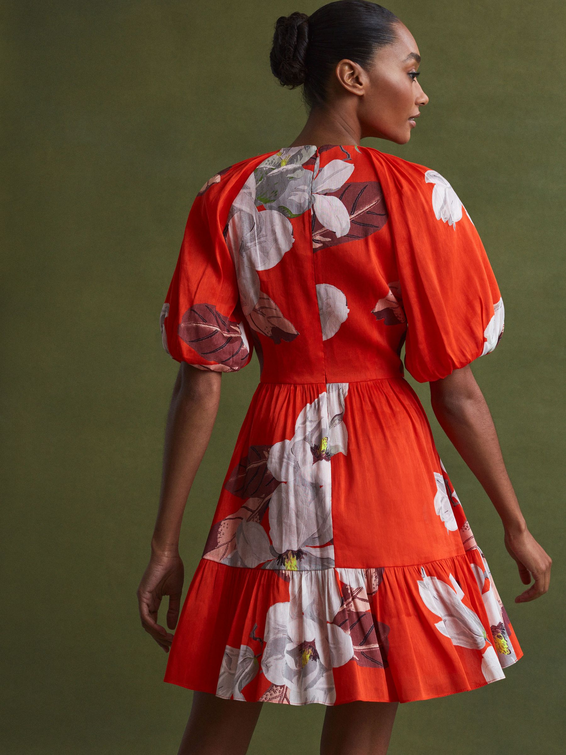 Florere Linen Silk Puff Sleeve Mini Dress in Orange - Image 4 of 6