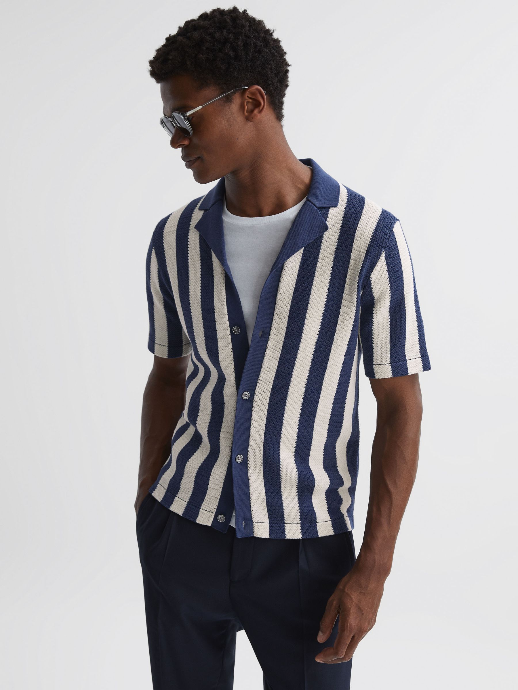 Reiss | Ché Crocheted Cuban Collar Button Through Shirt in Airforce Blue/Ecru - Image 1 of 5