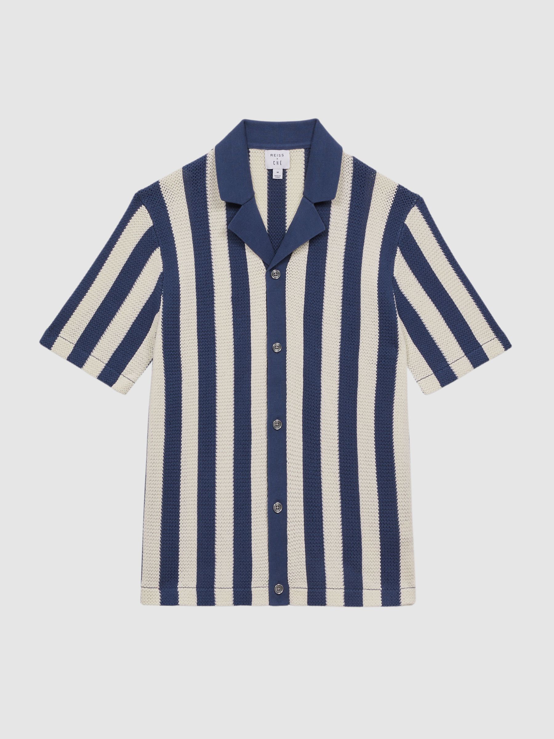 Reiss | Ché Crocheted Cuban Collar Button Through Shirt in Airforce Blue/Ecru - Image 2 of 5