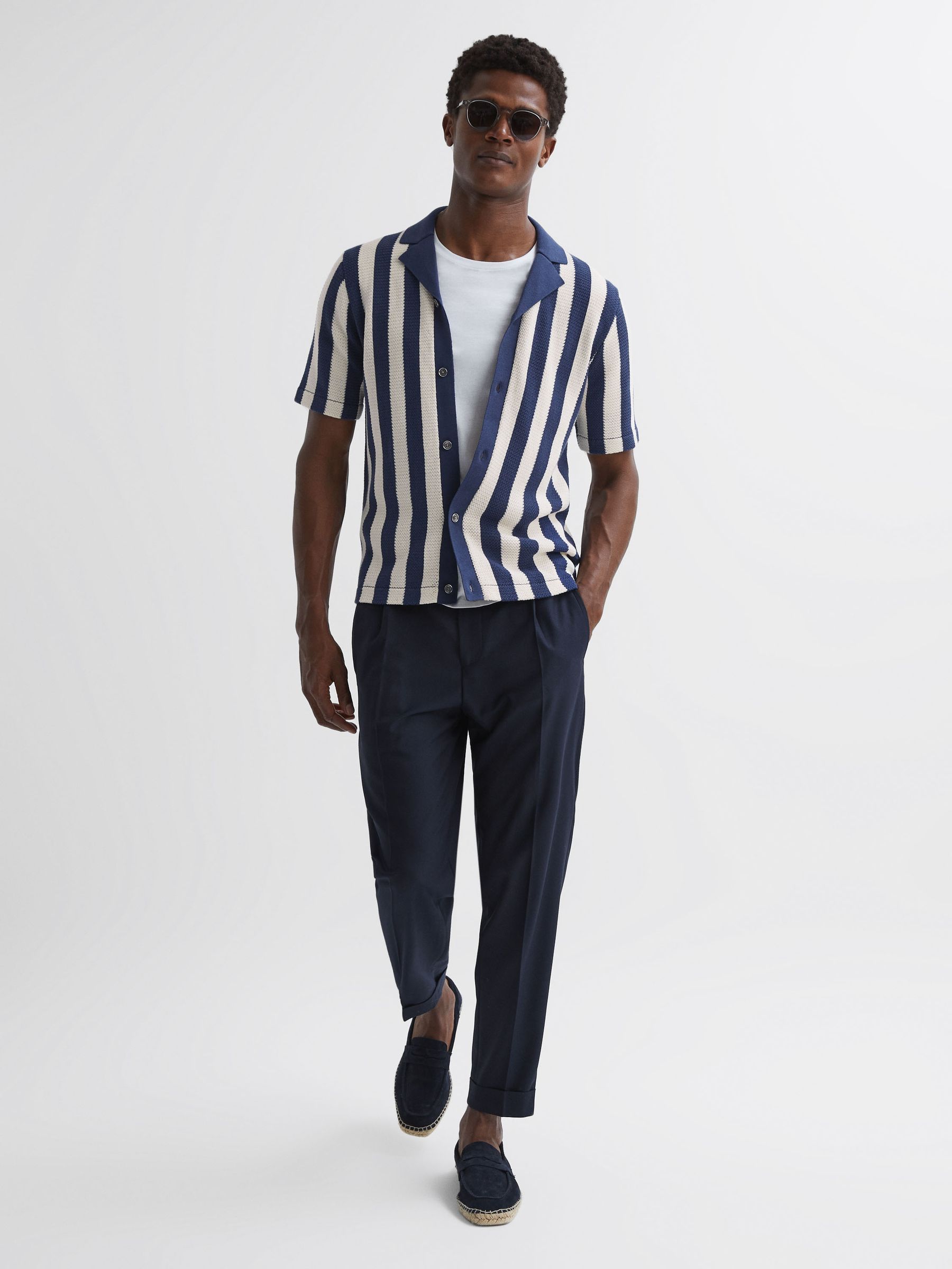 Reiss | Ché Crocheted Cuban Collar Button Through Shirt in Airforce Blue/Ecru - Image 3 of 5