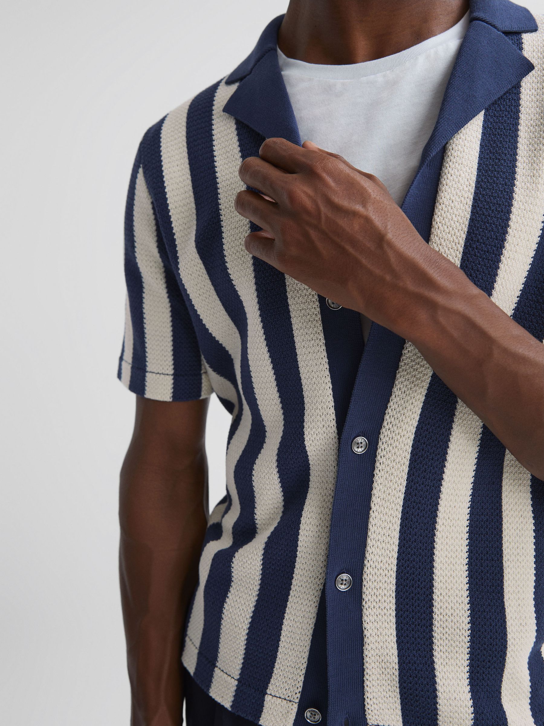 Reiss | Ché Crocheted Cuban Collar Button Through Shirt in Airforce Blue/Ecru - Image 4 of 5