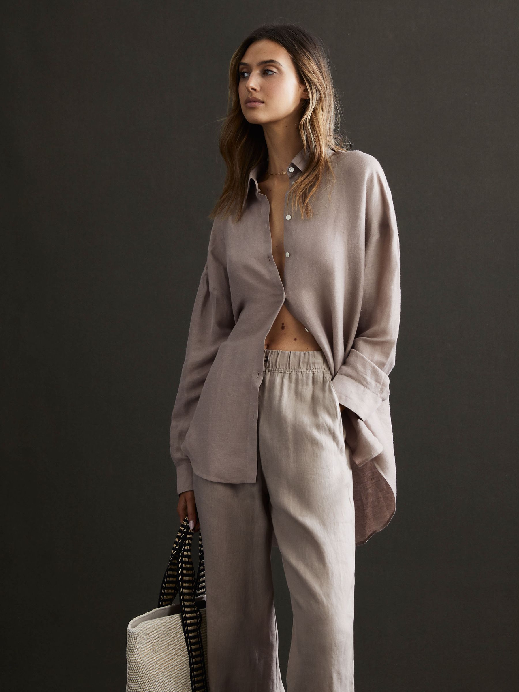 Oversized Long Sleeve Shirt in Taupe - Image 1 of 6