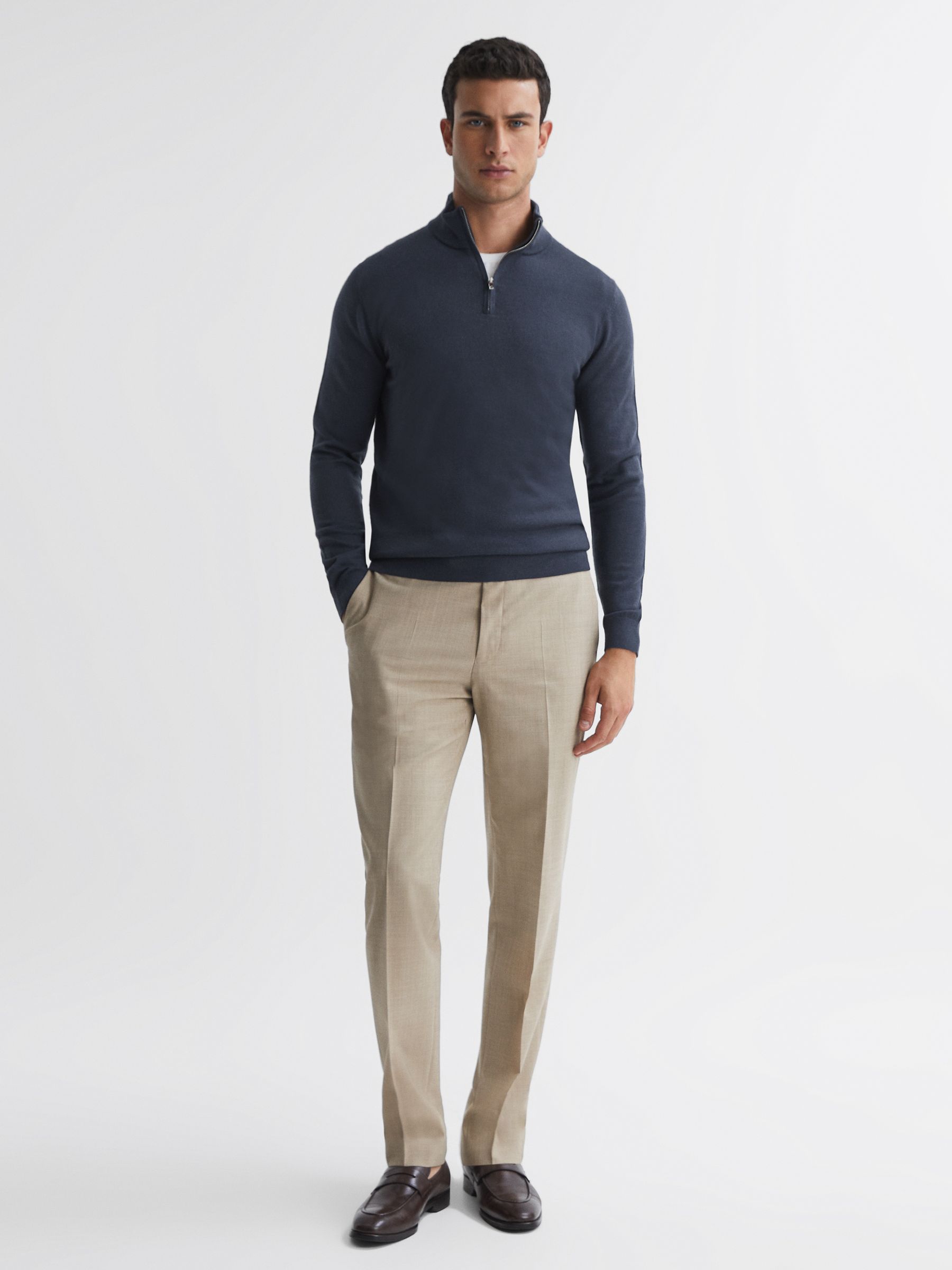 Merino Wool Half-Zip Funnel Neck Jumper in Eclipse Blue - Image 1 of 8