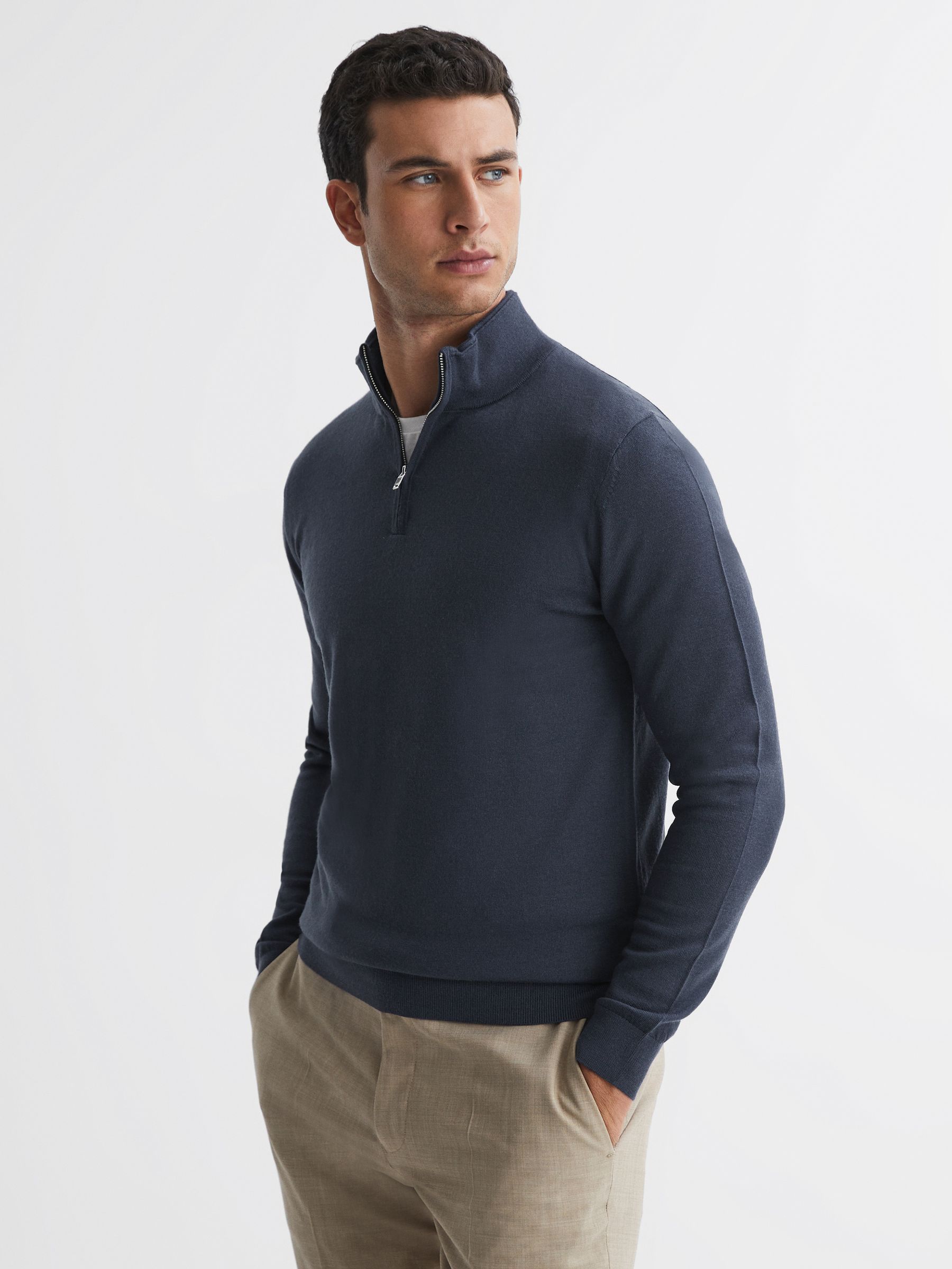 Merino Wool Half-Zip Funnel Neck Jumper in Eclipse Blue - Image 3 of 8
