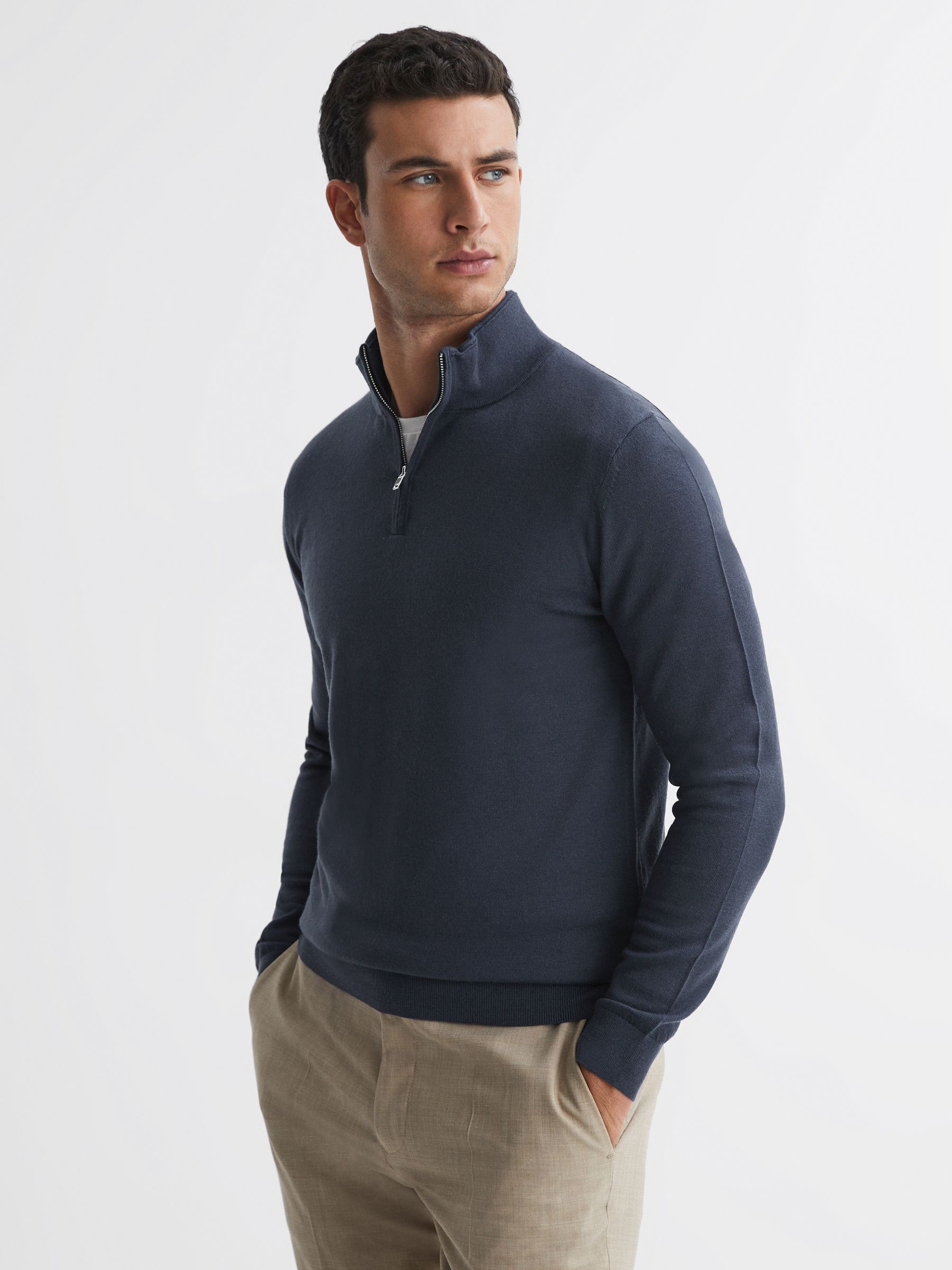 Merino Wool Half-Zip Funnel Neck Jumper in Eclipse Blue - Image 6 of 8