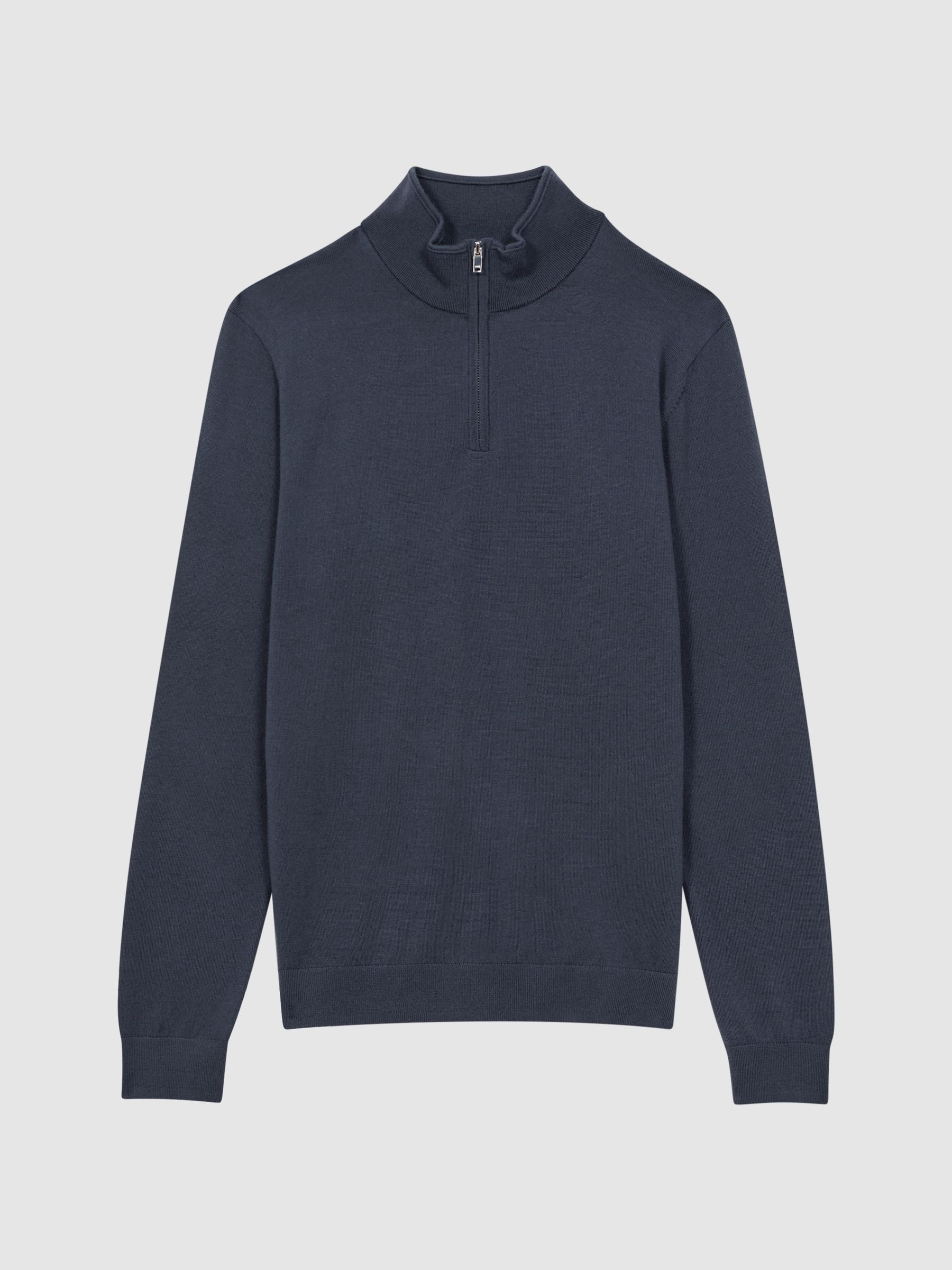 Merino Wool Half-Zip Funnel Neck Jumper in Eclipse Blue - Image 8 of 8
