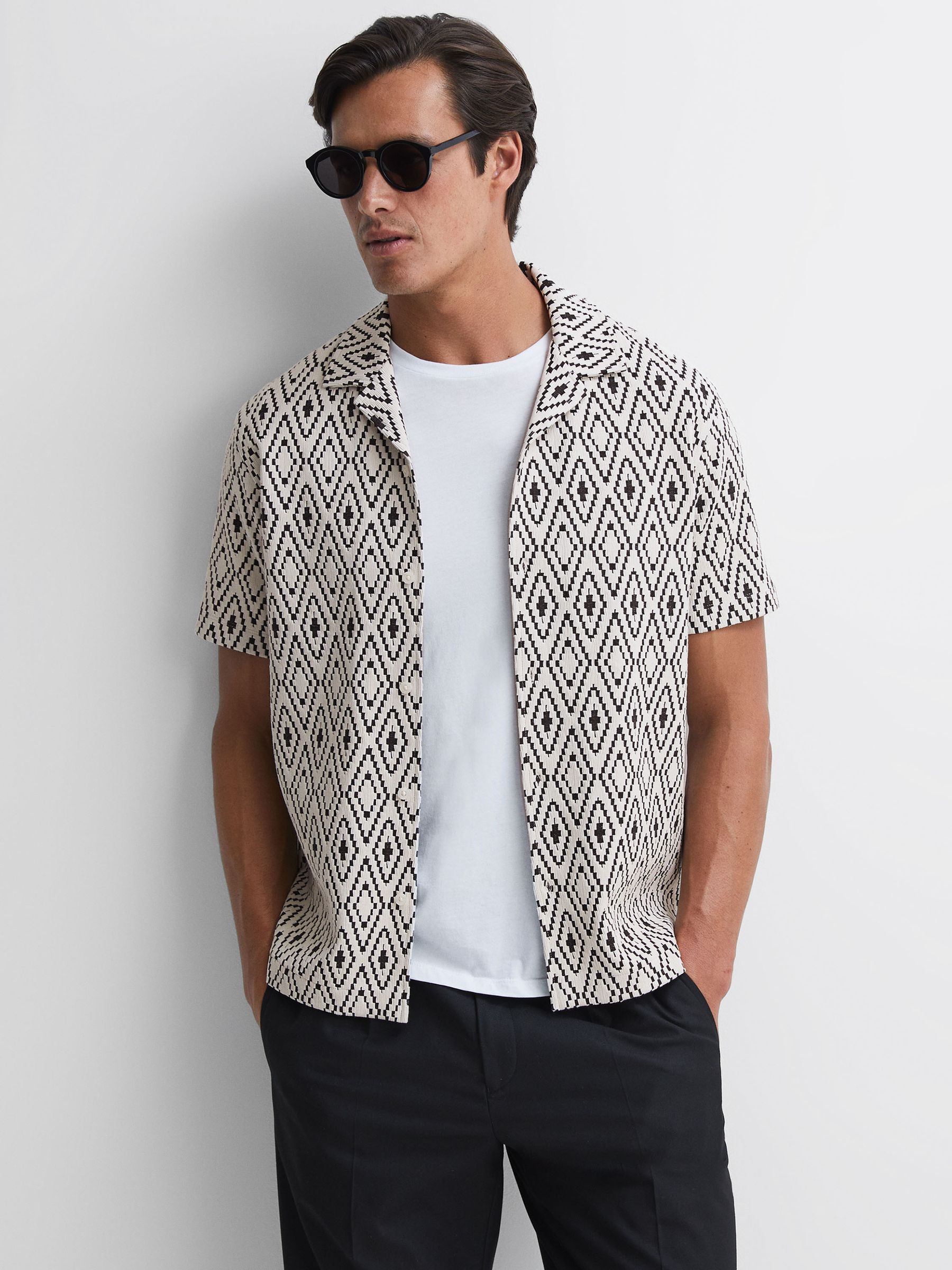 Jacquard Cuban Collar Shirt in White/Black - Image 1 of 5