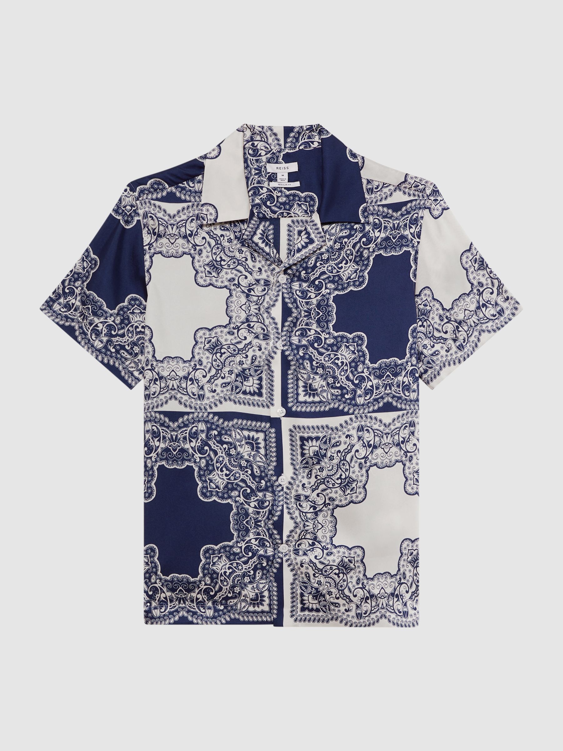 Printed Cuban Collar Button Through T-Shirt in Blue/White - Image 2 of 4