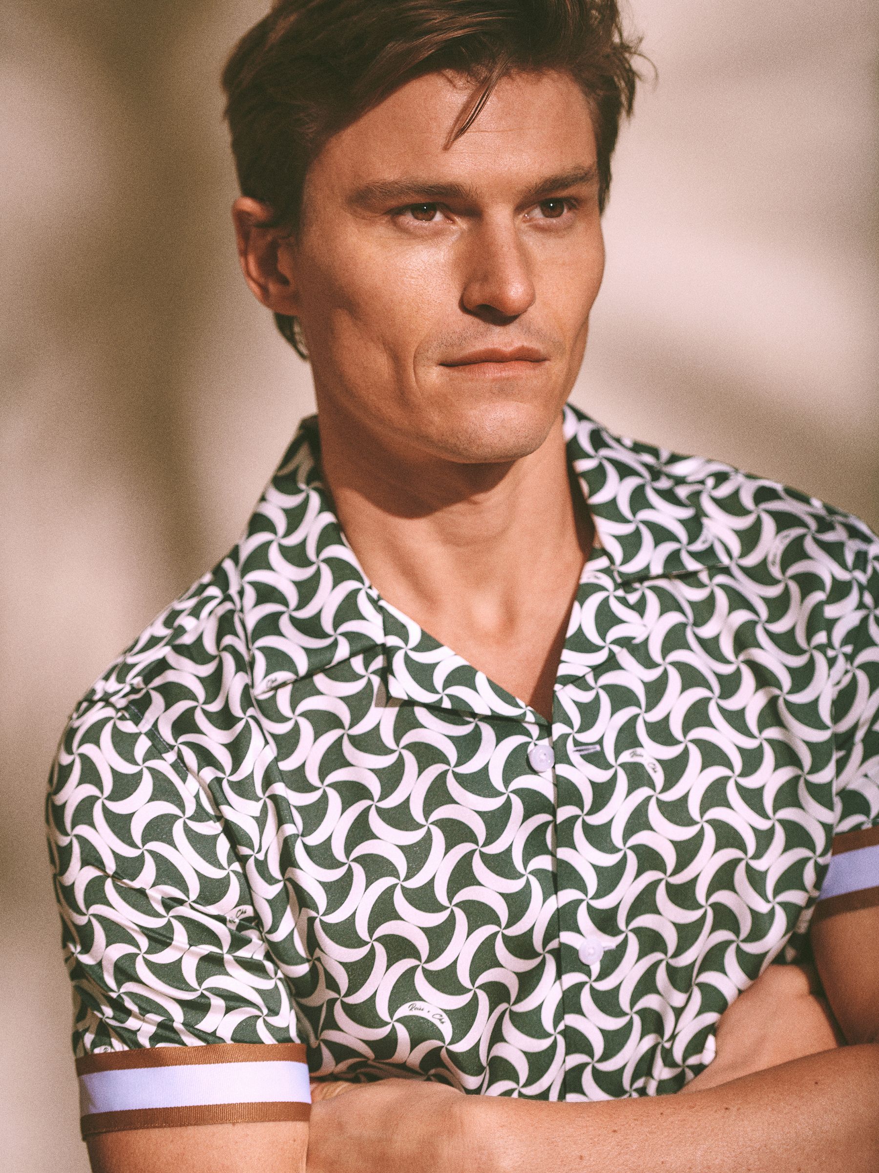 Reiss | Ché Printed Cuban Collar Button-Through Shirt in Green/White - Image 1 of 7 Reiss | Ché Printed Cuban Collar Button-Through Shirt in Green/White - Image 1 of 7