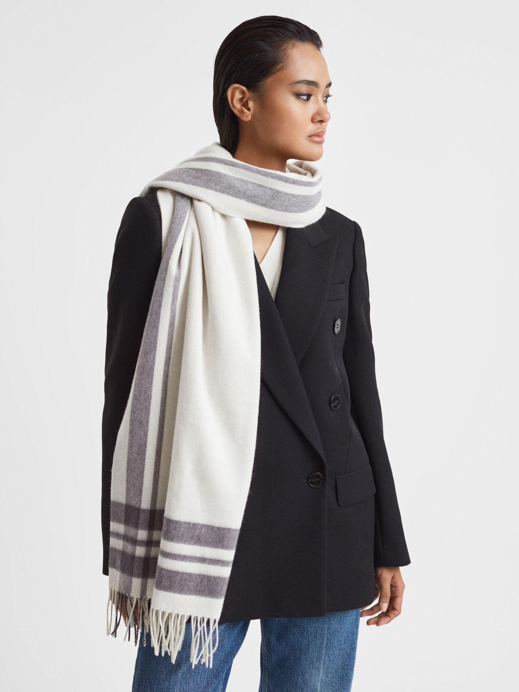 Lambswool Checked Scarf in Grey/Ecru - Image 2 of 4