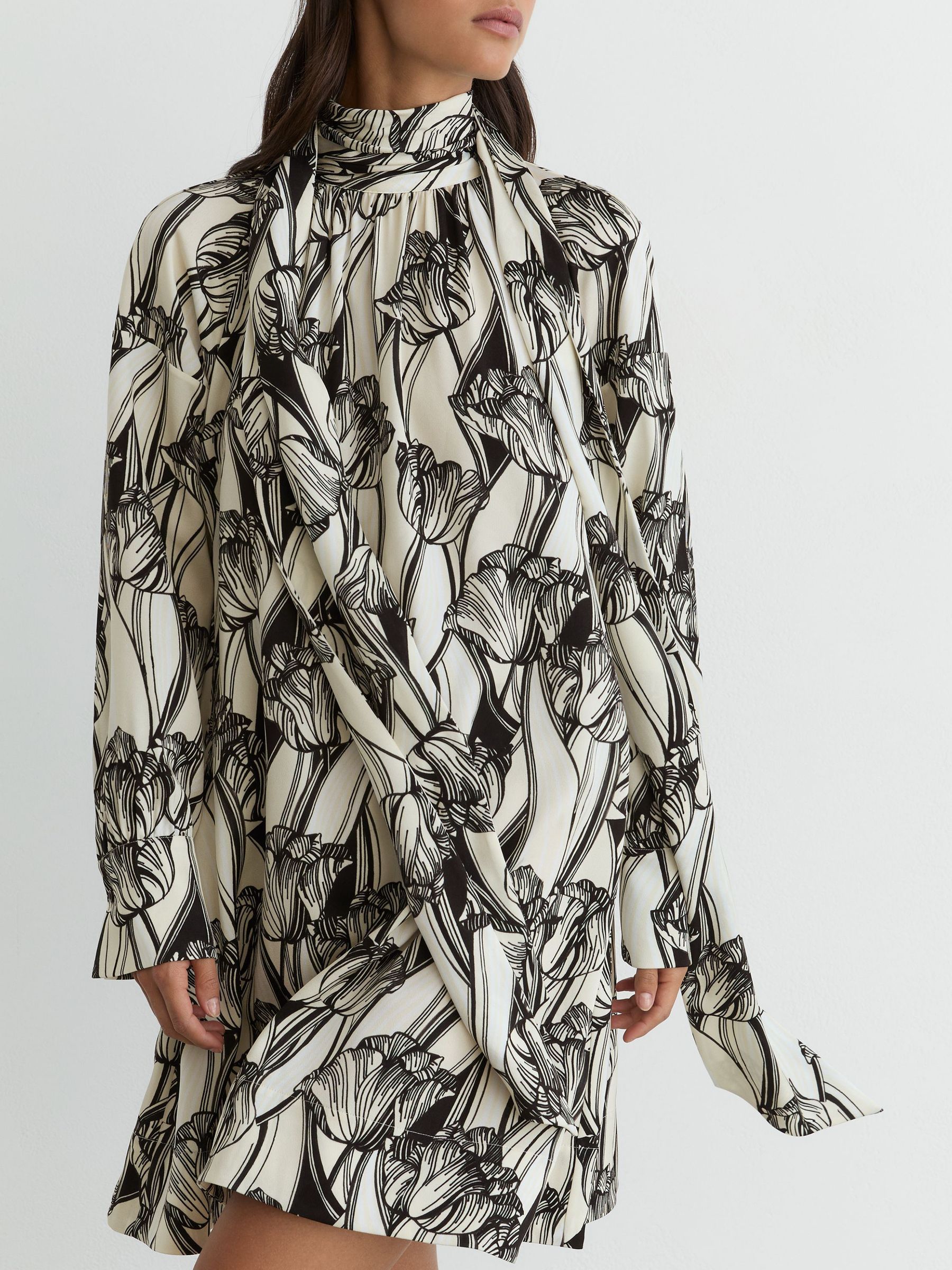 Floral-Print Tie-Neck Swing Mini Dress in Black/Ivory - Image 1 of 7