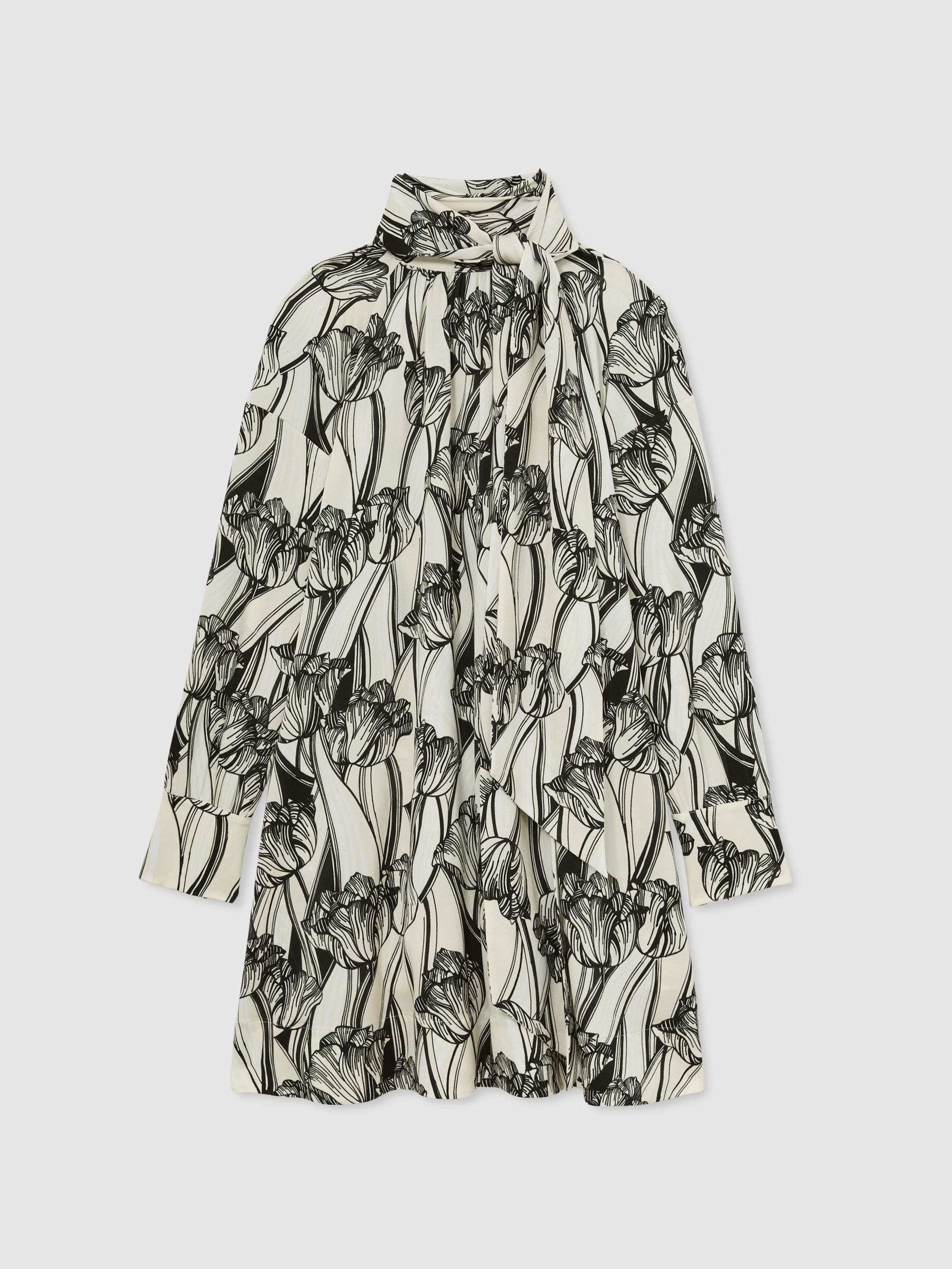 Floral-Print Tie-Neck Swing Mini Dress in Black/Ivory - Image 2 of 7