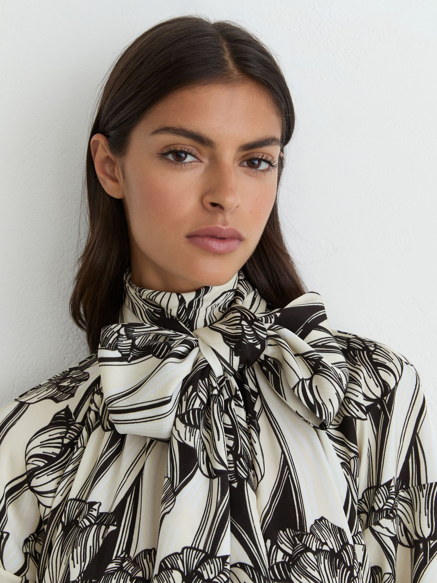 Floral-Print Tie-Neck Swing Mini Dress in Black/Ivory - Image 3 of 7