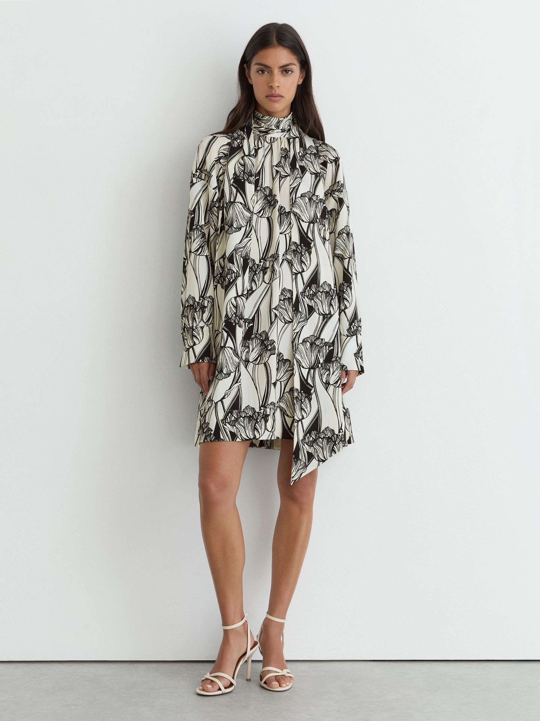 Floral-Print Tie-Neck Swing Mini Dress in Black/Ivory - Image 4 of 7