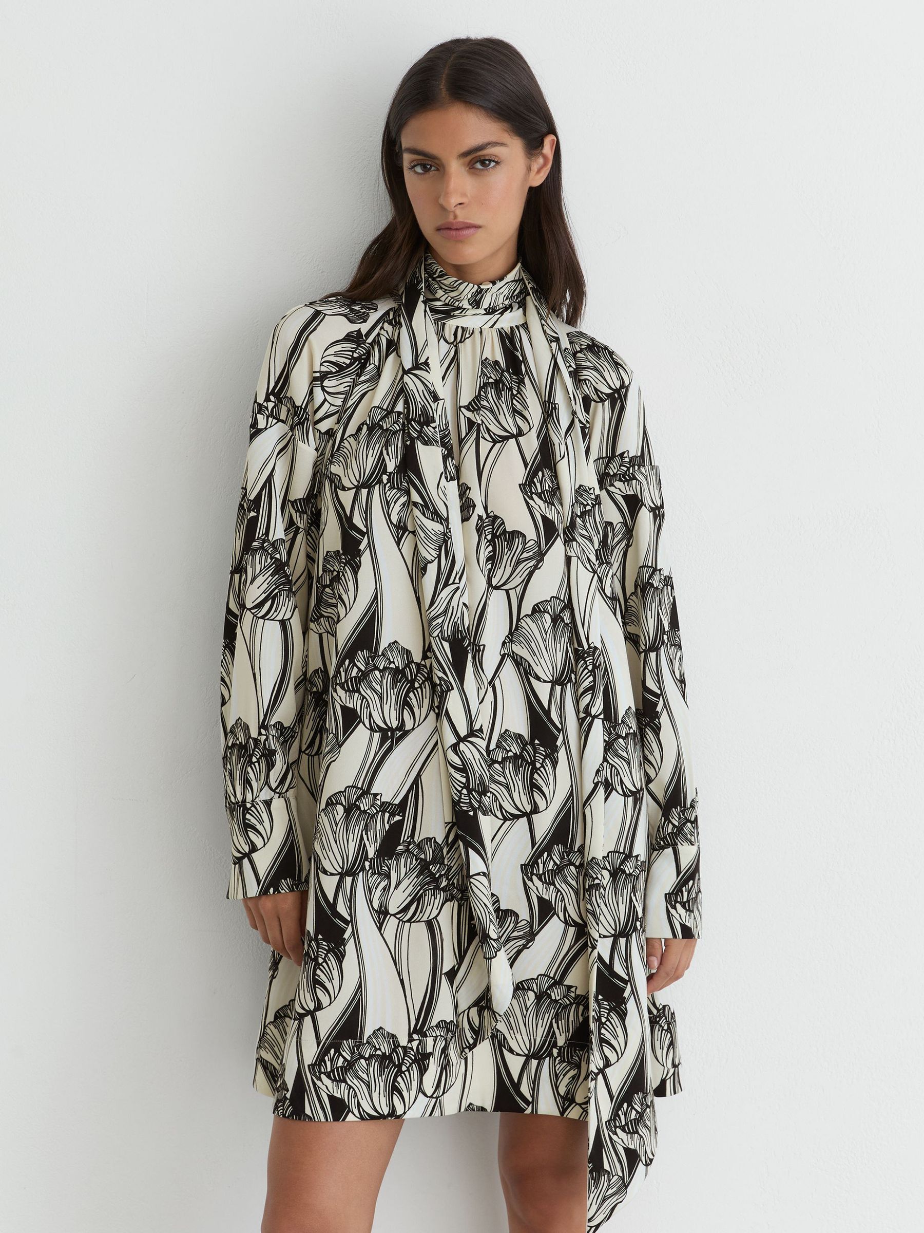Floral-Print Tie-Neck Swing Mini Dress in Black/Ivory - Image 5 of 7