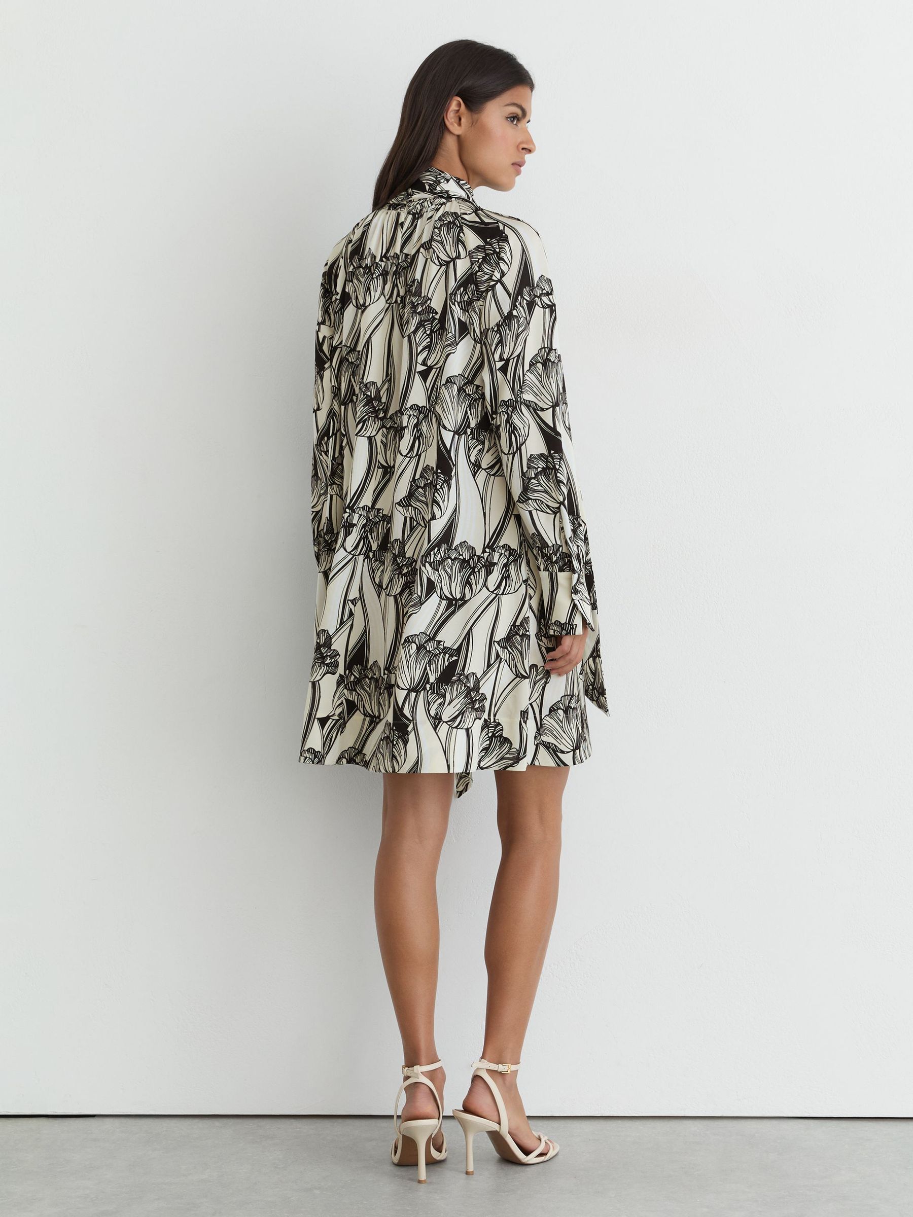 Floral-Print Tie-Neck Swing Mini Dress in Black/Ivory - Image 6 of 7
