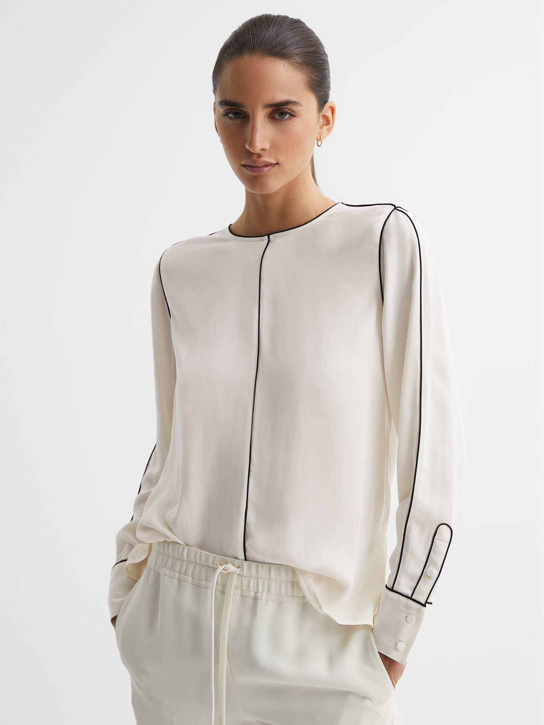 Trim Long Sleeve Blouse in Cream - Image 1 of 5