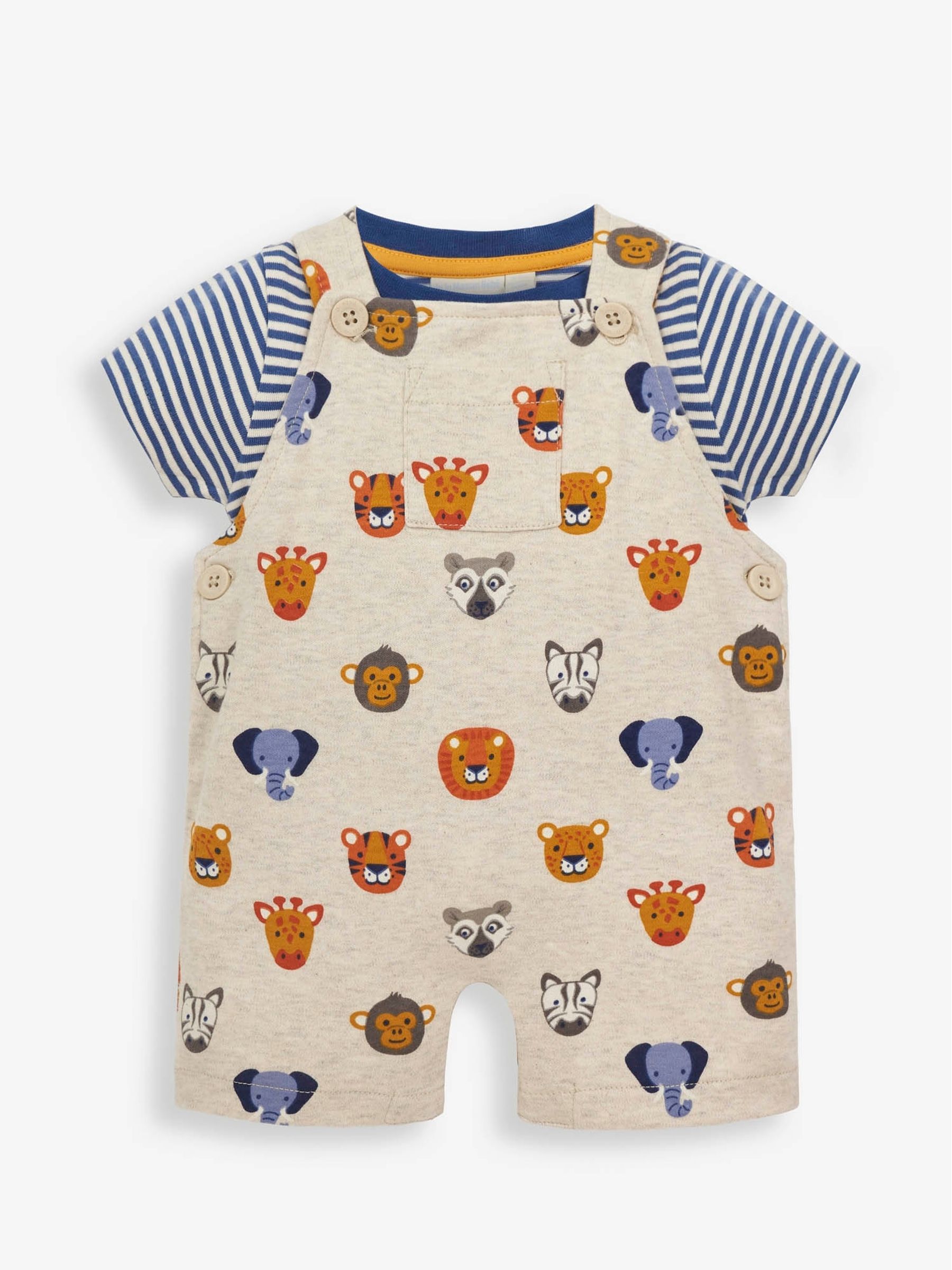 Natural 2-Piece Natural Safari Heads Print Baby Short Dungarees Set - Image 1 of 2