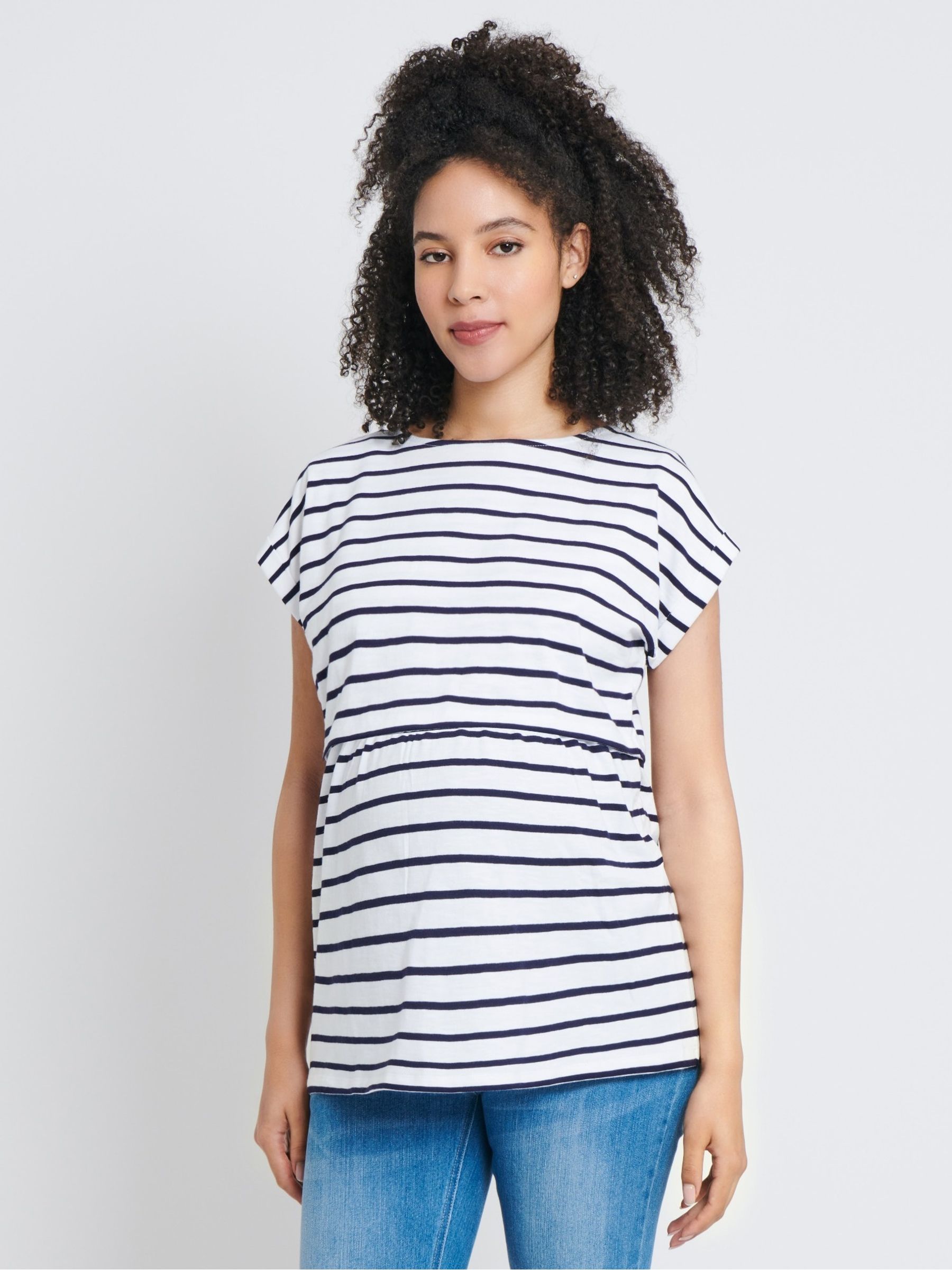 White/Navy Stripe Maternity & Nursing Double Layer Top - Image 1 of 1
