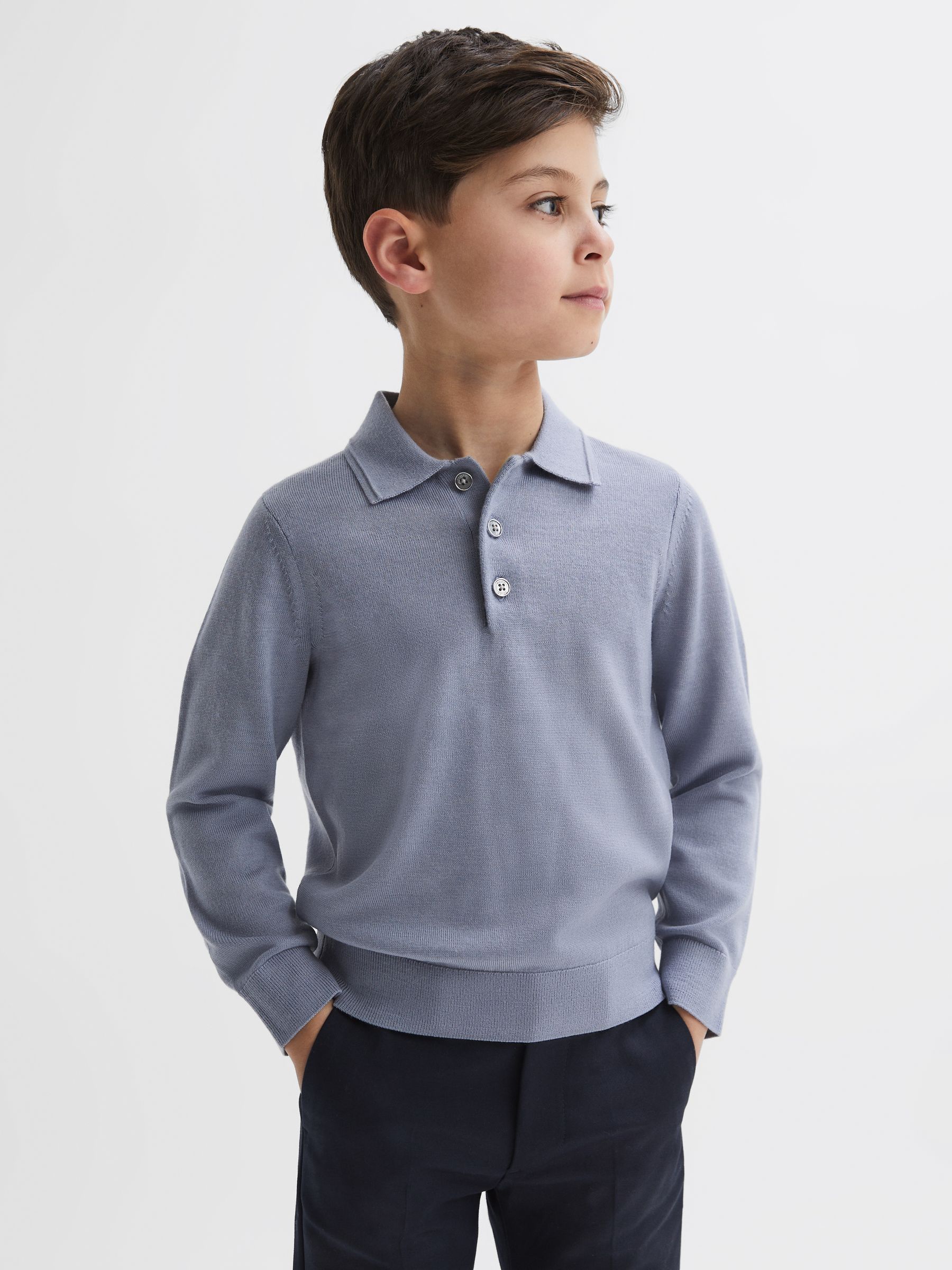 Junior Merino Wool Polo Shirt in Porcelain Blue - Image 1 of 6