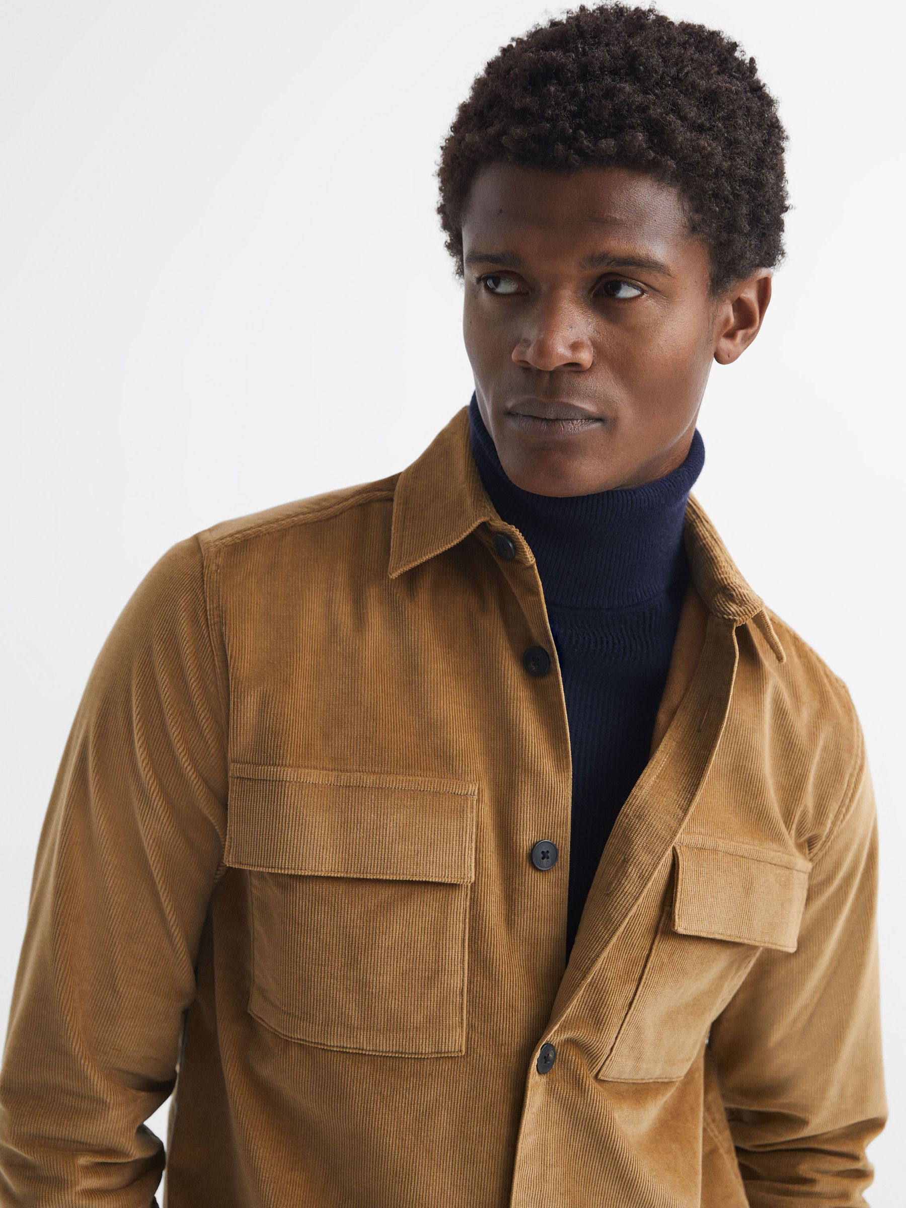 Corduroy Button-Through Overshirt in Camel - Image 4 of 5