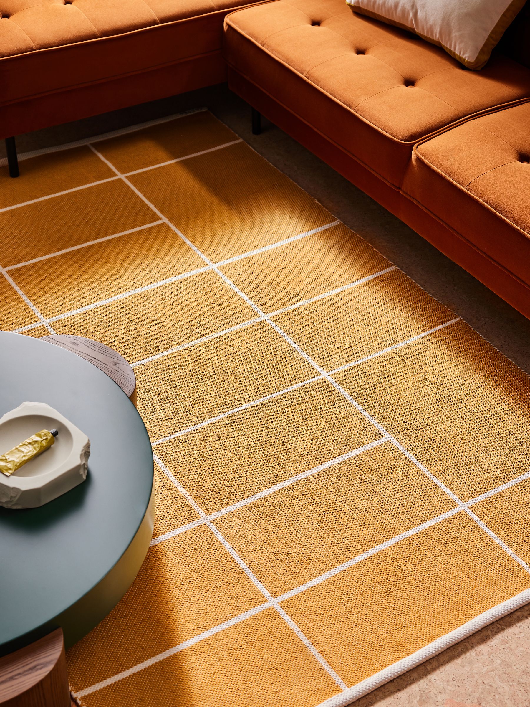 Elsmore Reversible Woven Cotton Rug in Ochre Yellow - Image 1 of 8