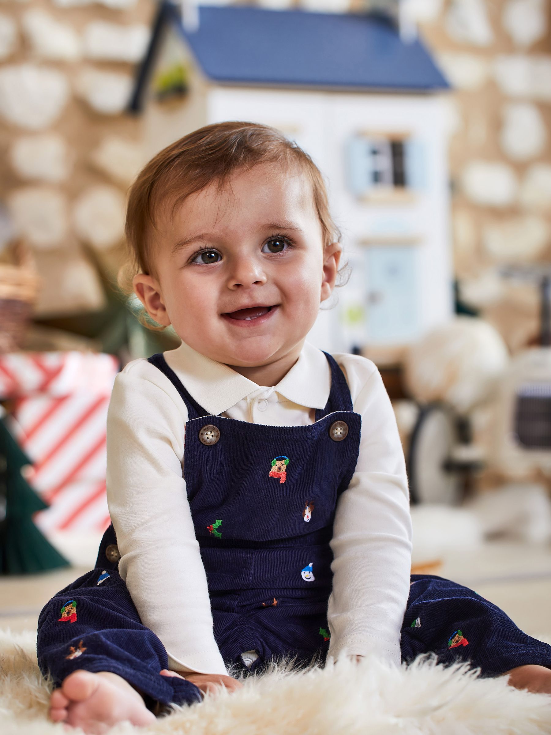 Navy Blue Christmas Embroidered Cord Dungarees - Image 2 of 4
