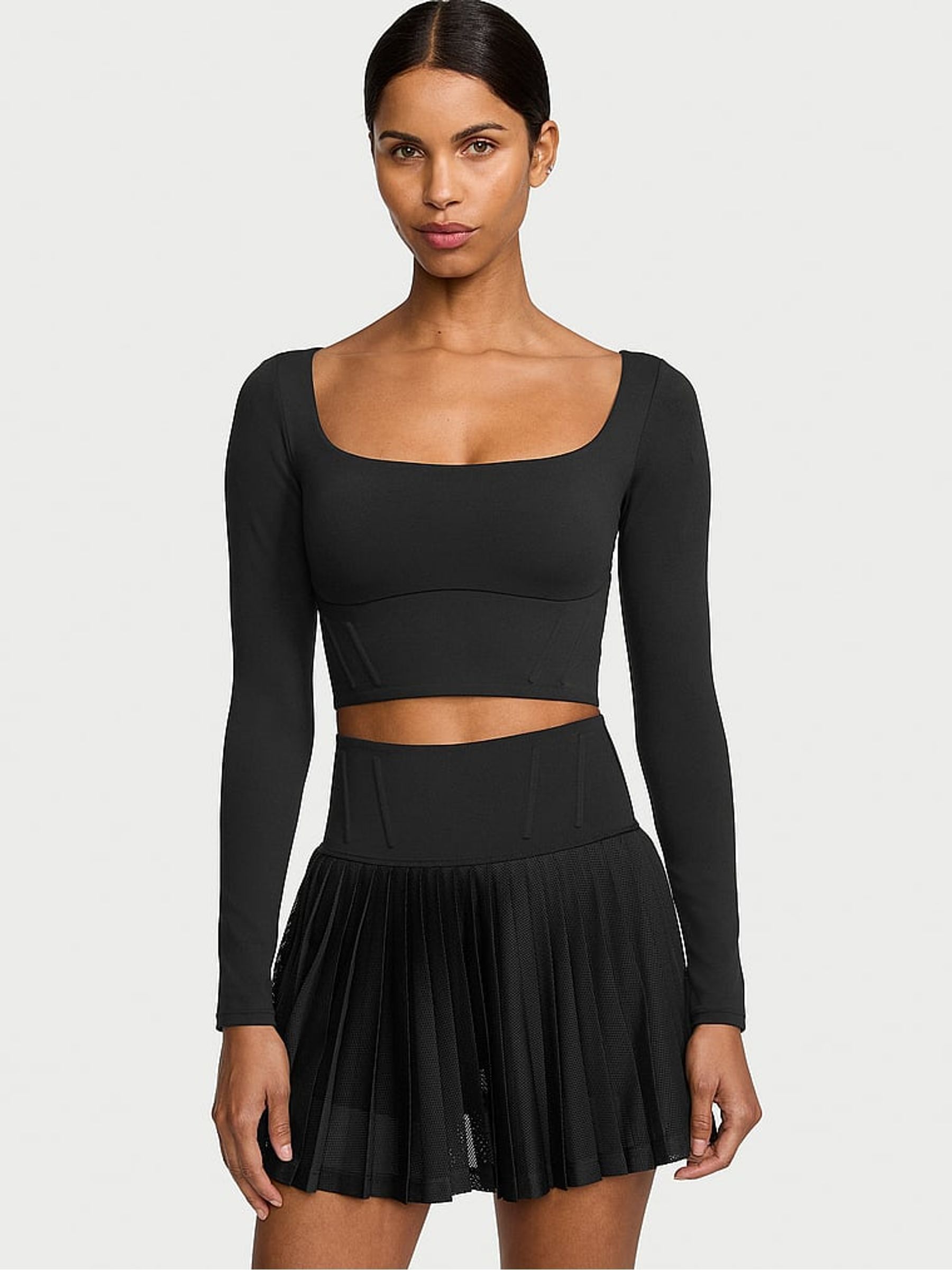 Pure Black VS Elevate Cropped Long Sleeve Corset Top - Image 1 of 4