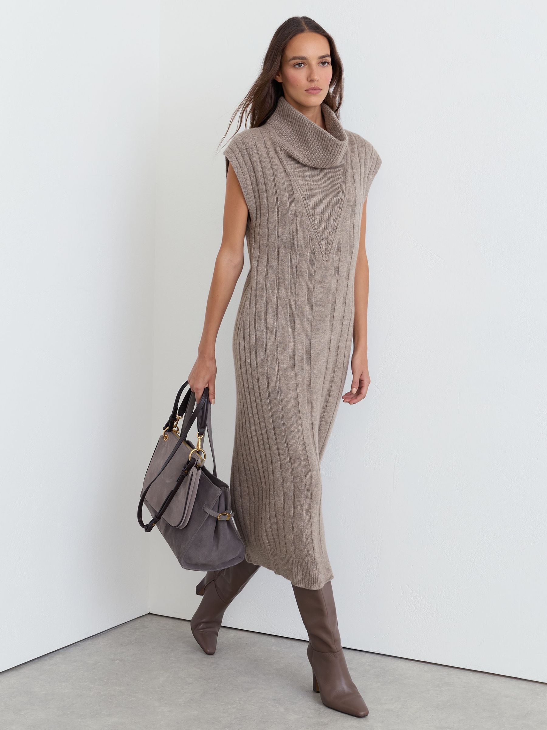 Wool-Cashmere Ribbed Funnel-Neck Midi Dress in Neutral - Image 1 of 7