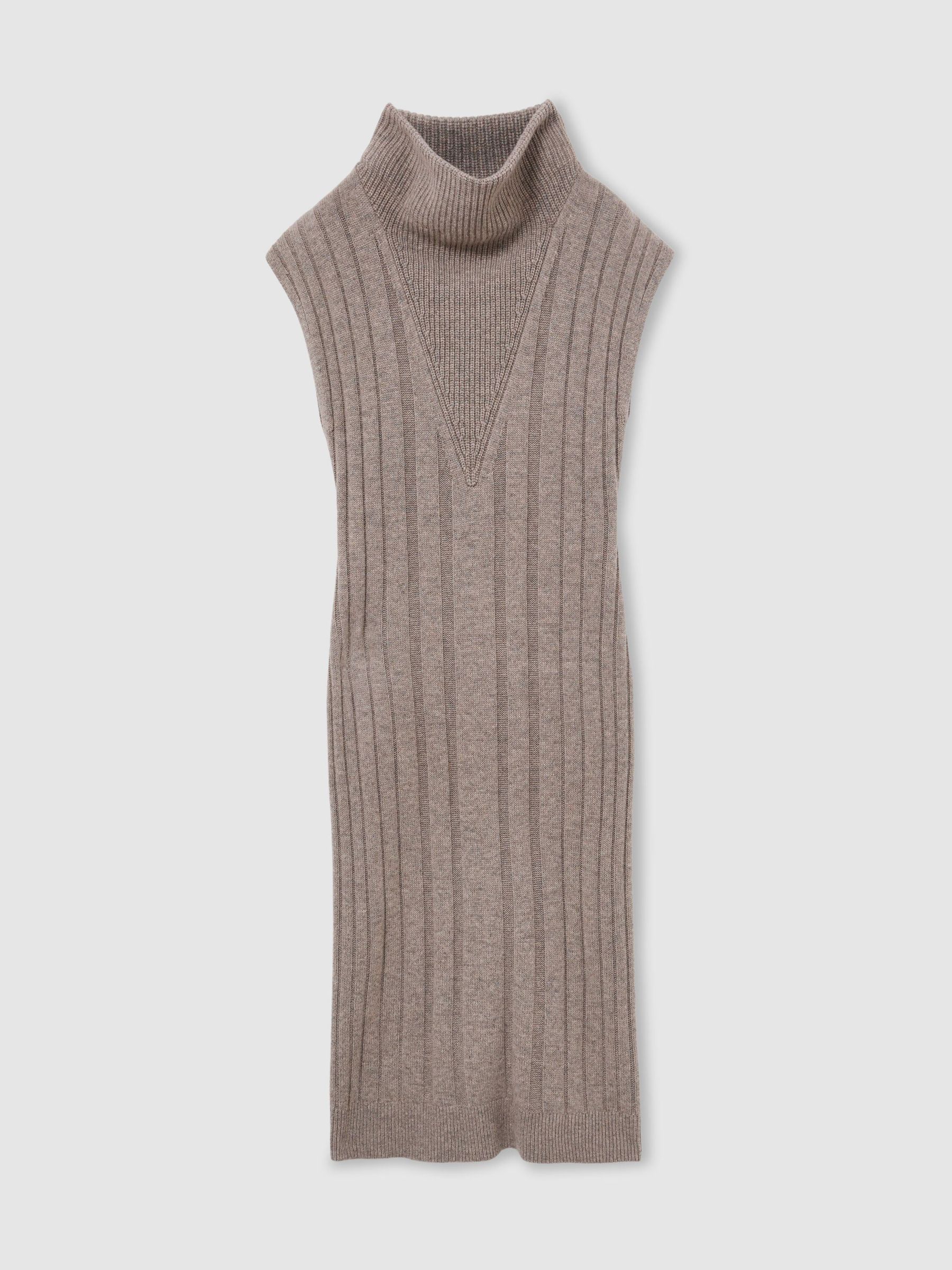 Wool-Cashmere Ribbed Funnel-Neck Midi Dress in Neutral - Image 2 of 7