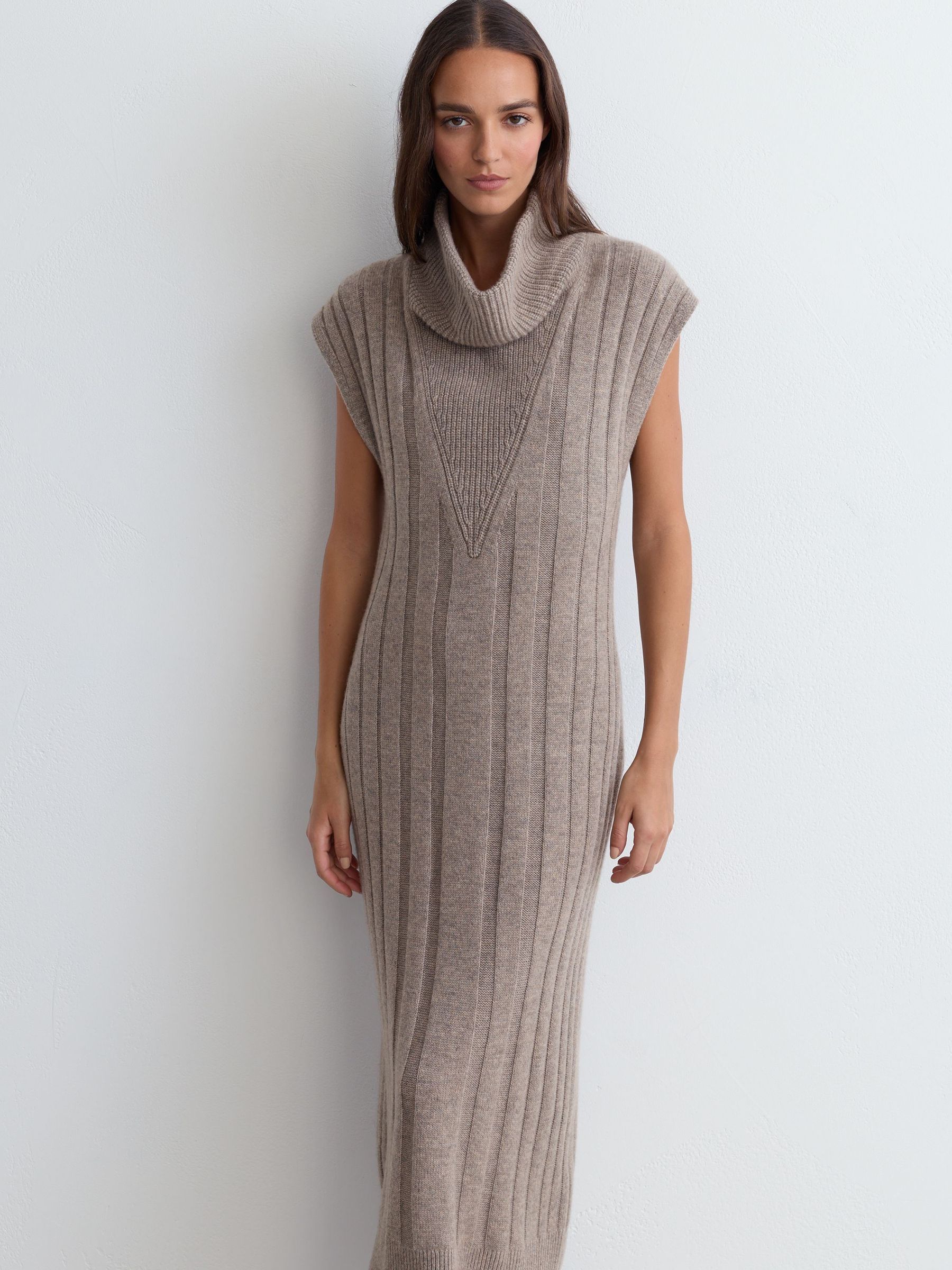 Wool-Cashmere Ribbed Funnel-Neck Midi Dress in Neutral - Image 4 of 7