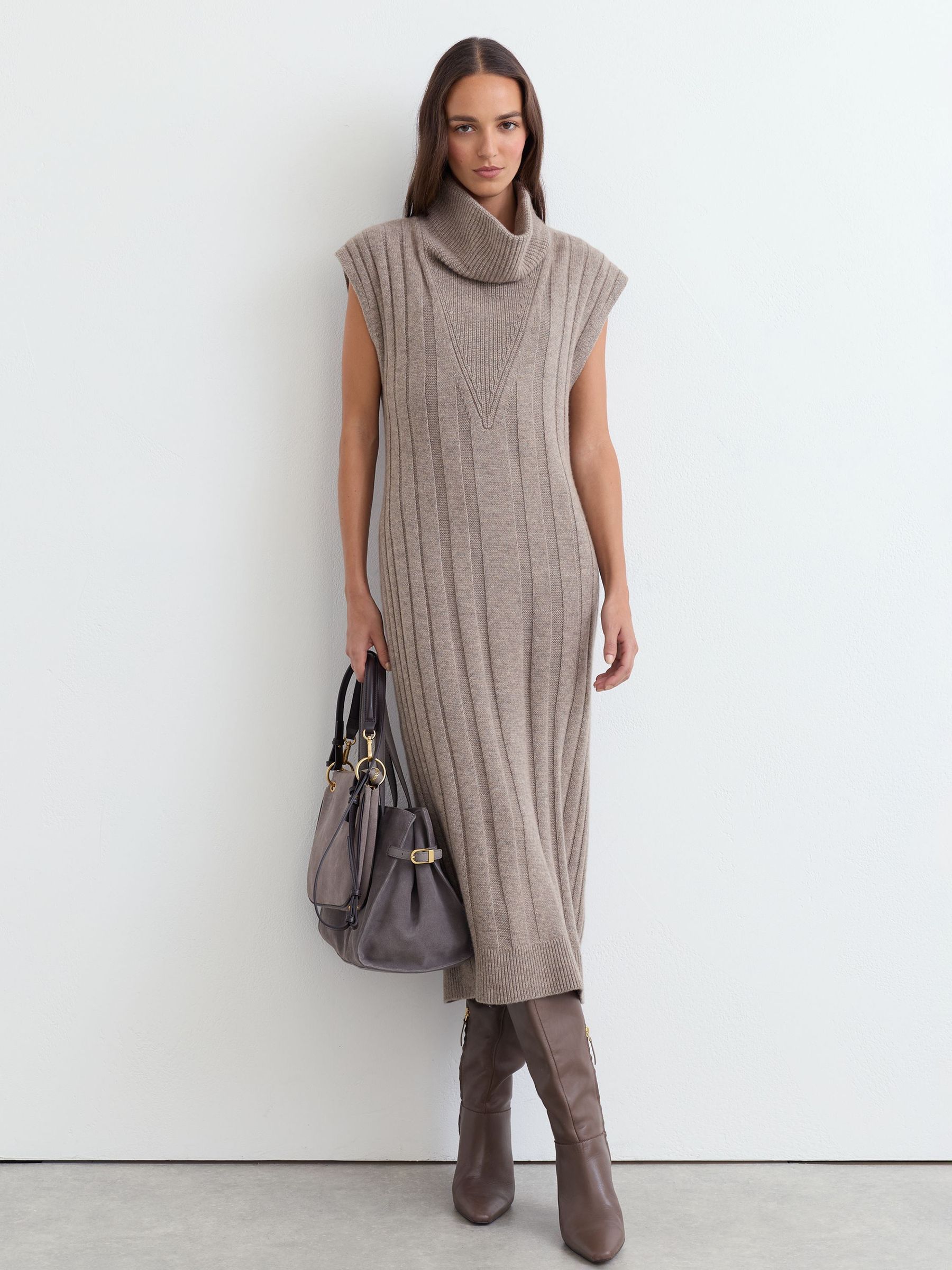 Wool-Cashmere Ribbed Funnel-Neck Midi Dress in Neutral - Image 5 of 7