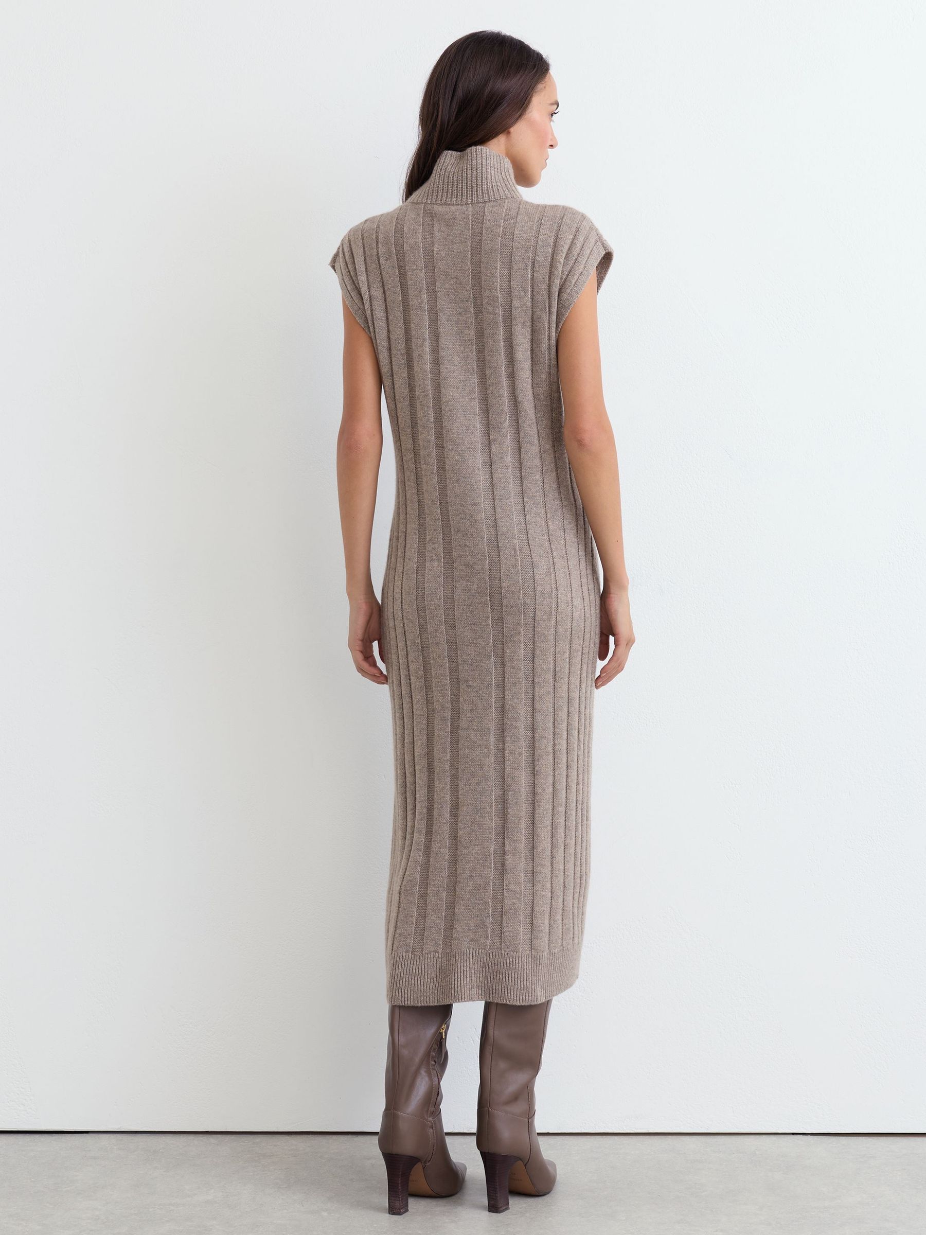 Wool-Cashmere Ribbed Funnel-Neck Midi Dress in Neutral - Image 6 of 7