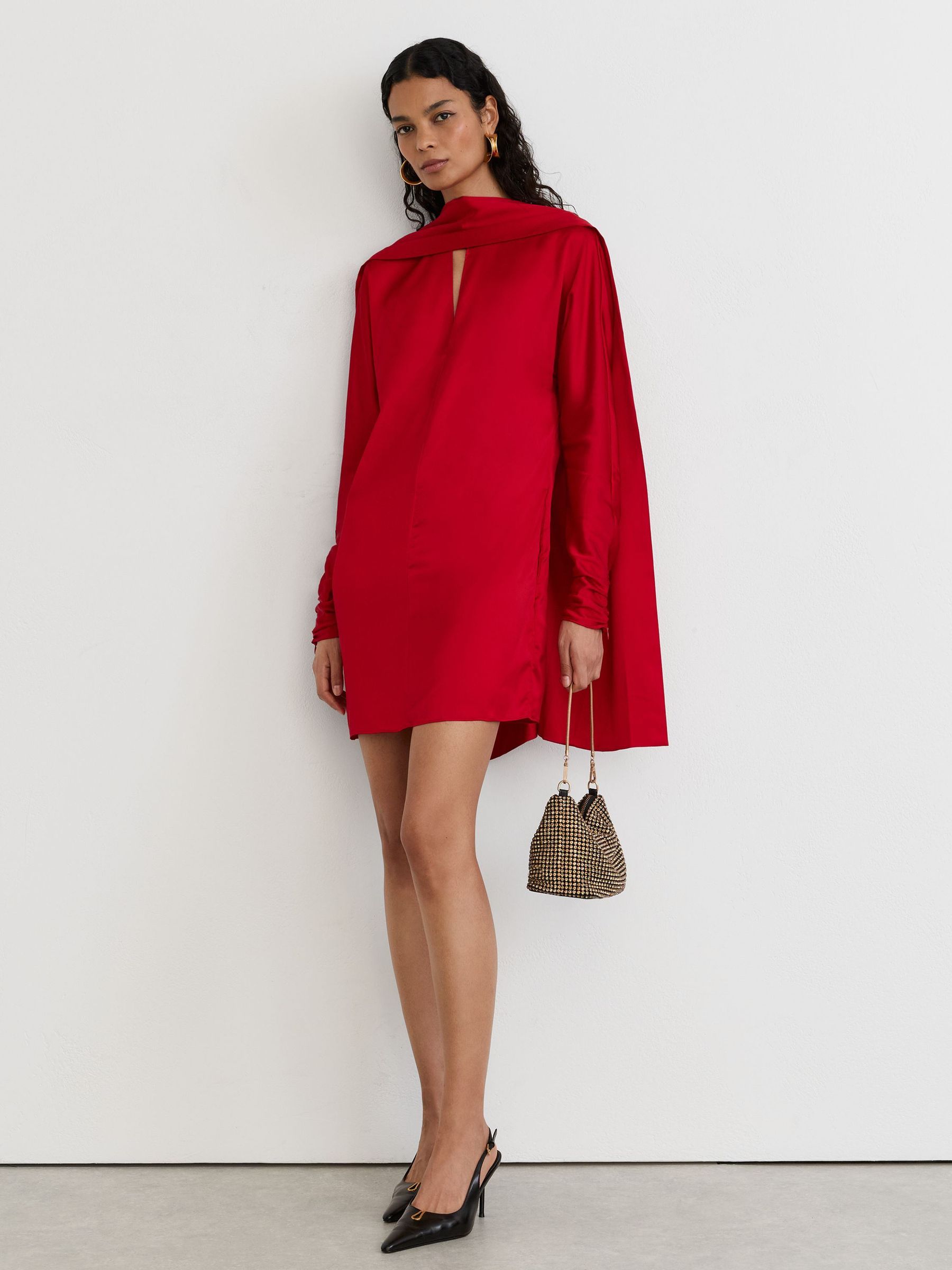 Satin Cape-Detail Mini Dress in Red - Image 3 of 9