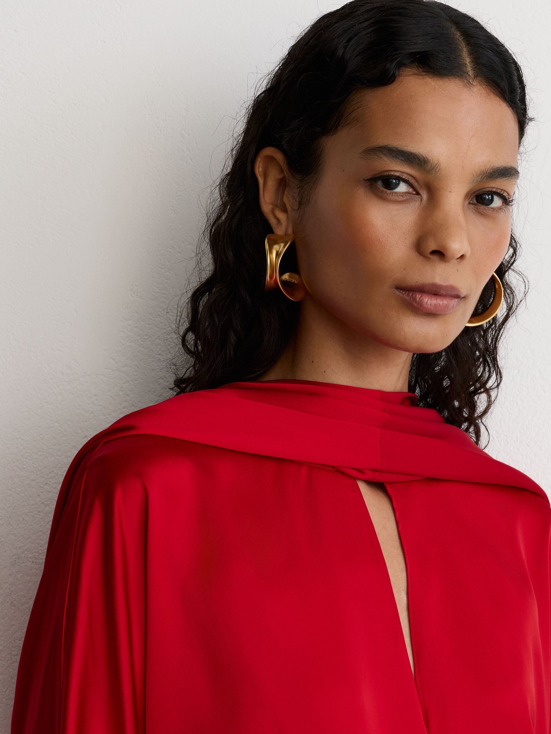Satin Cape-Detail Mini Dress in Red - Image 5 of 9