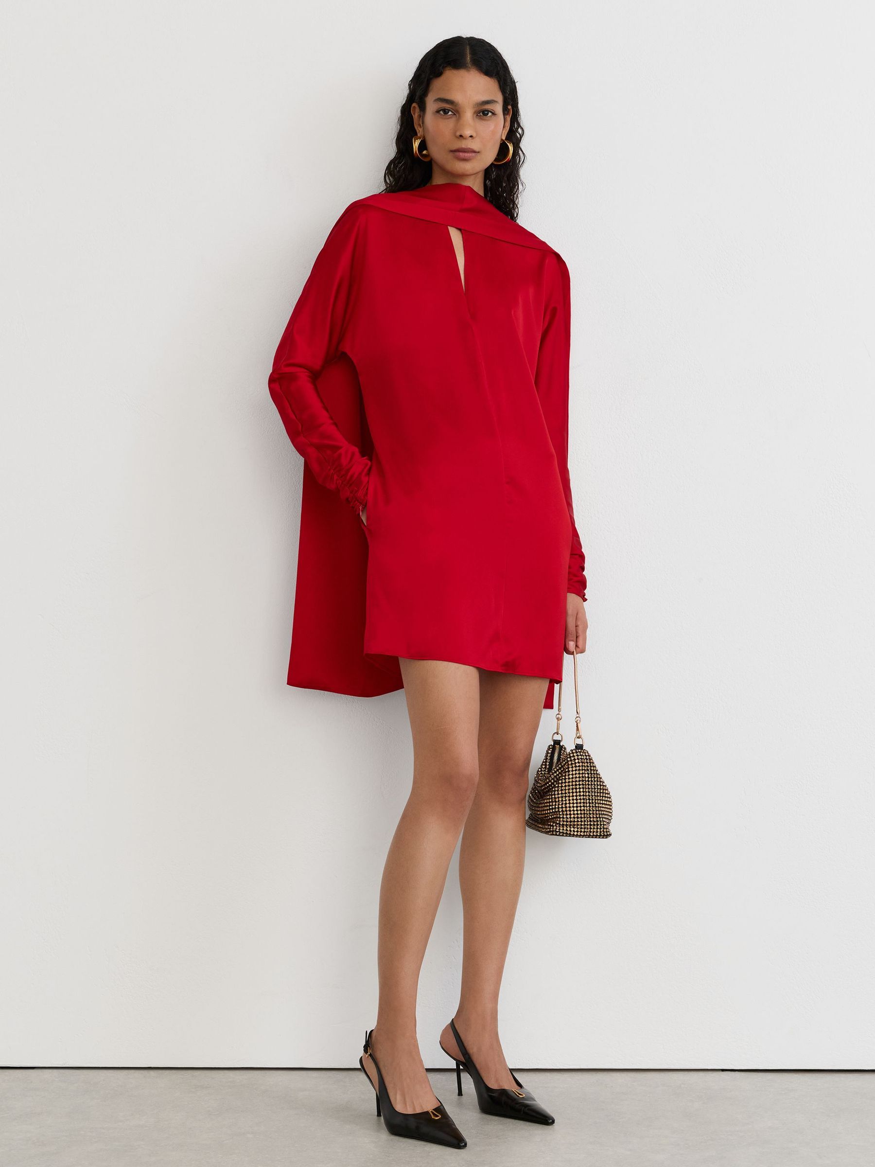 Satin Cape-Detail Mini Dress in Red - Image 6 of 9